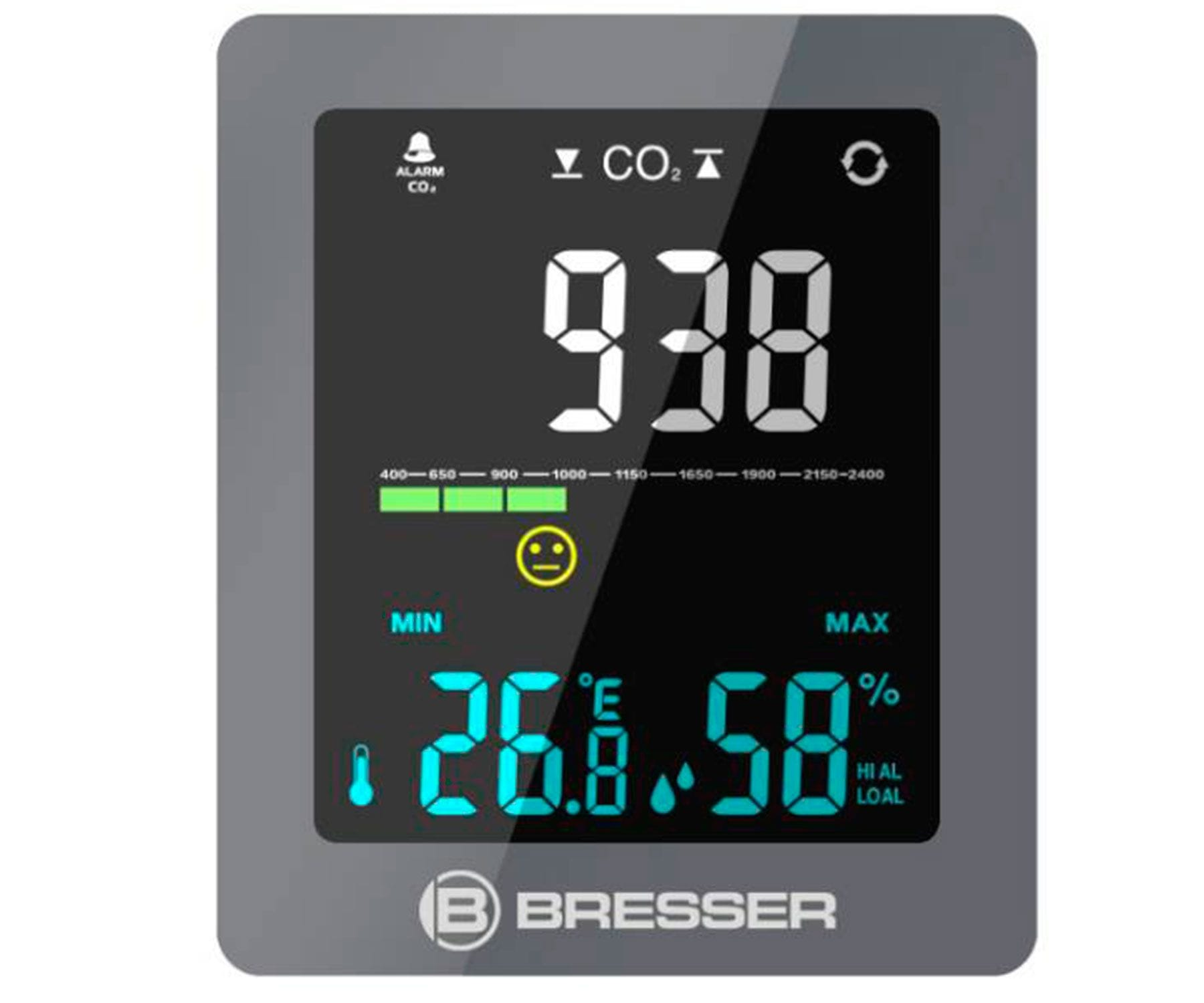 Monitor digital de CO2, gris, mostrando 938. Muestra temperatura a 26.8°C y humedad a 58%.