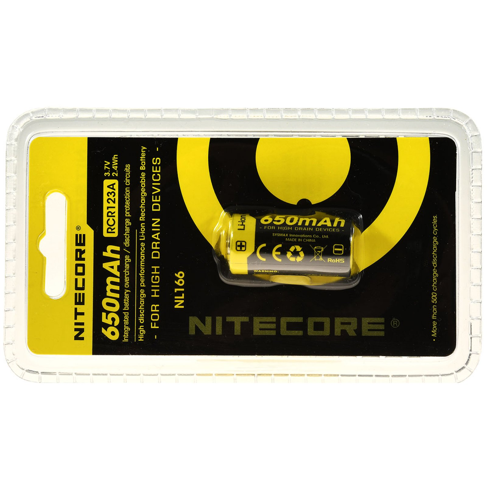 Un pacco batteria per dispositivi ad alto consumo in un involucro di plastica trasparente.