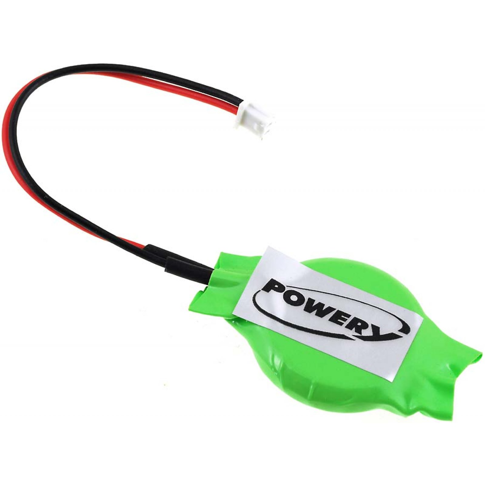Una batería verde con una etiqueta blanca con la inscripción 'POWER', y cables negros y rojos.