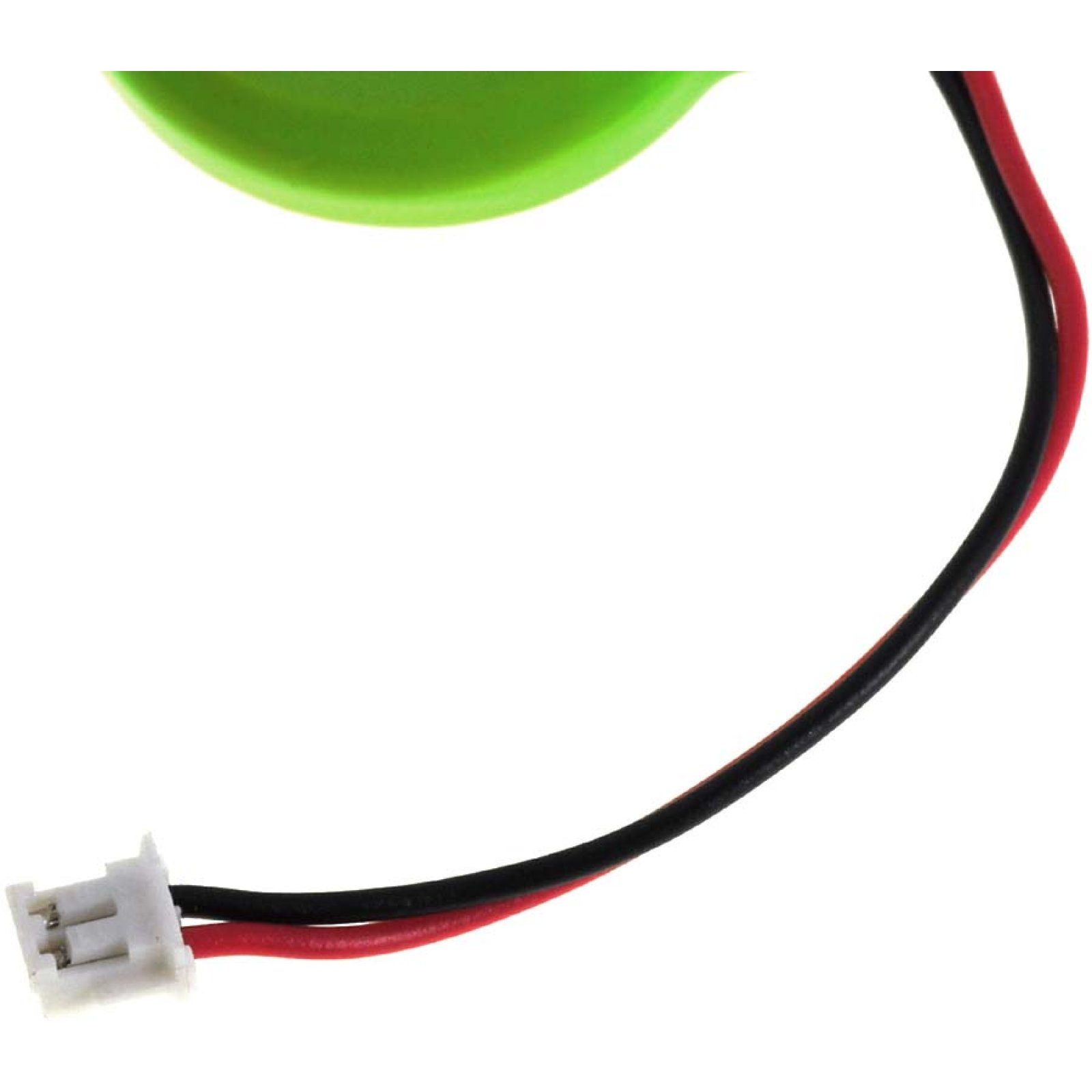 Una celda de batería circular verde con cables rojos y negros adjuntos.