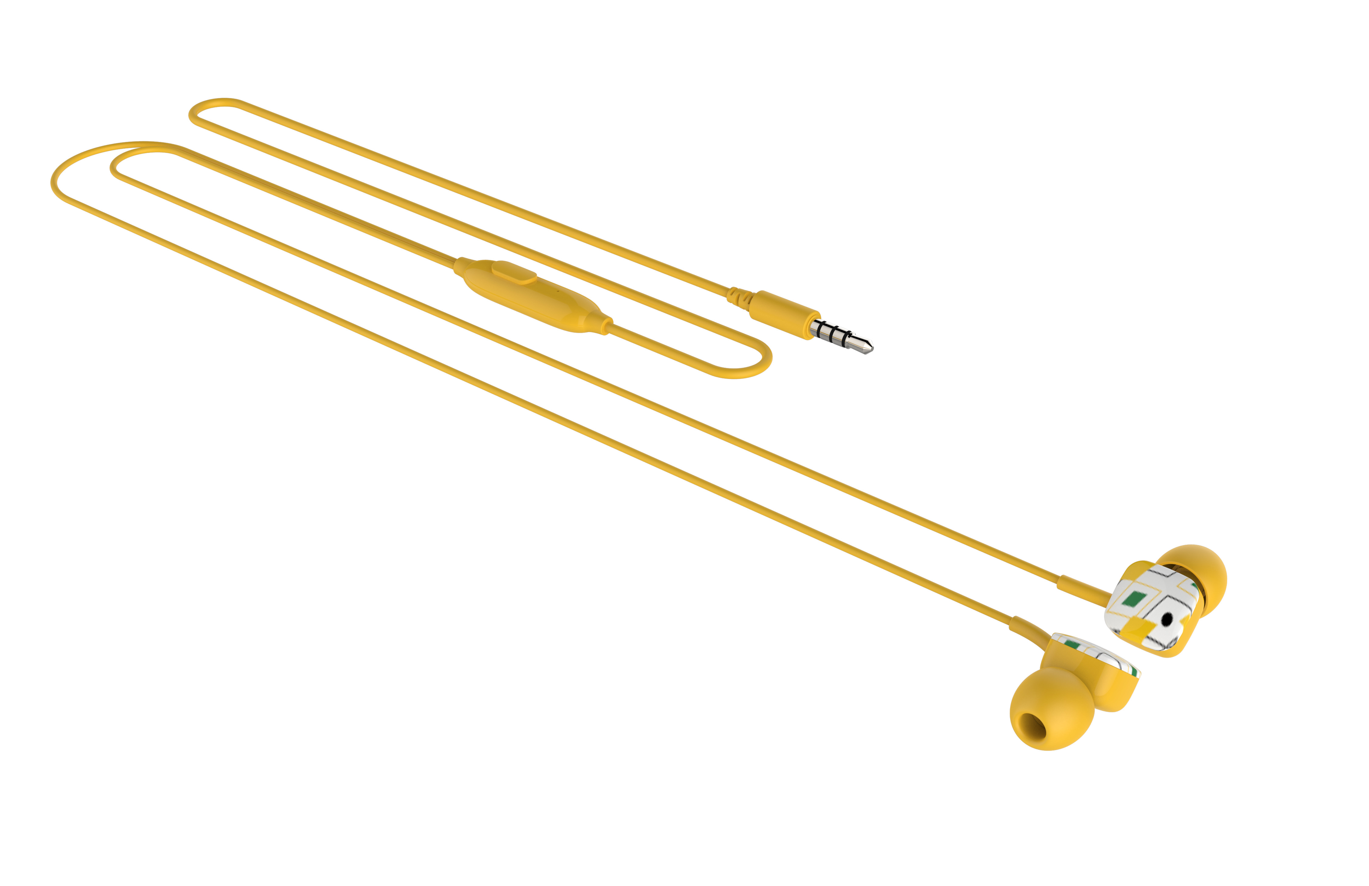 Auriculares amarillos con cable amarillo y conector. Los auriculares son amarillos y blancos.