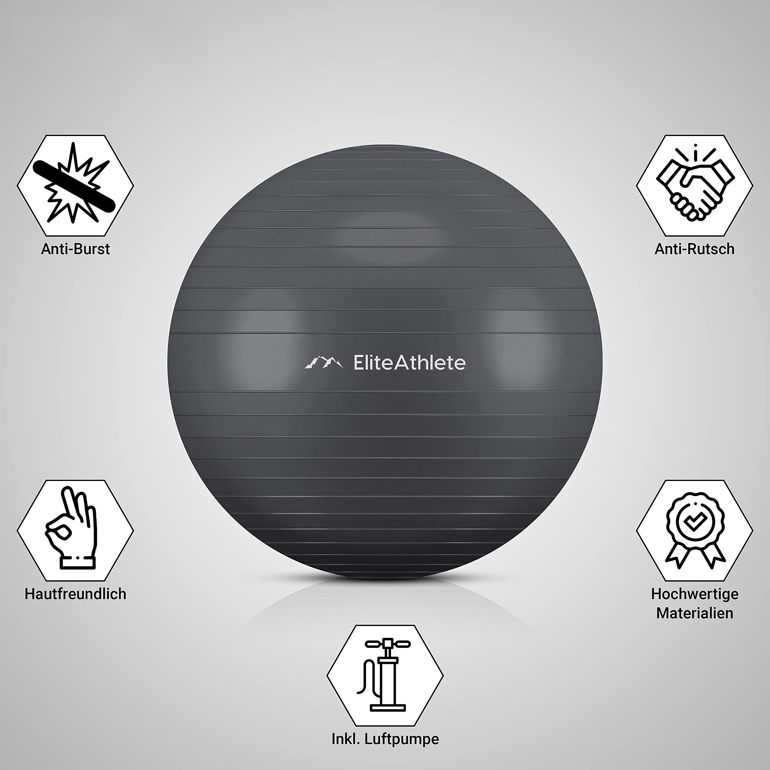 Ein grauer Gymnastikball mit Text und Symbolen, umgeben von Symbolen für verschiedene Eigenschaften.