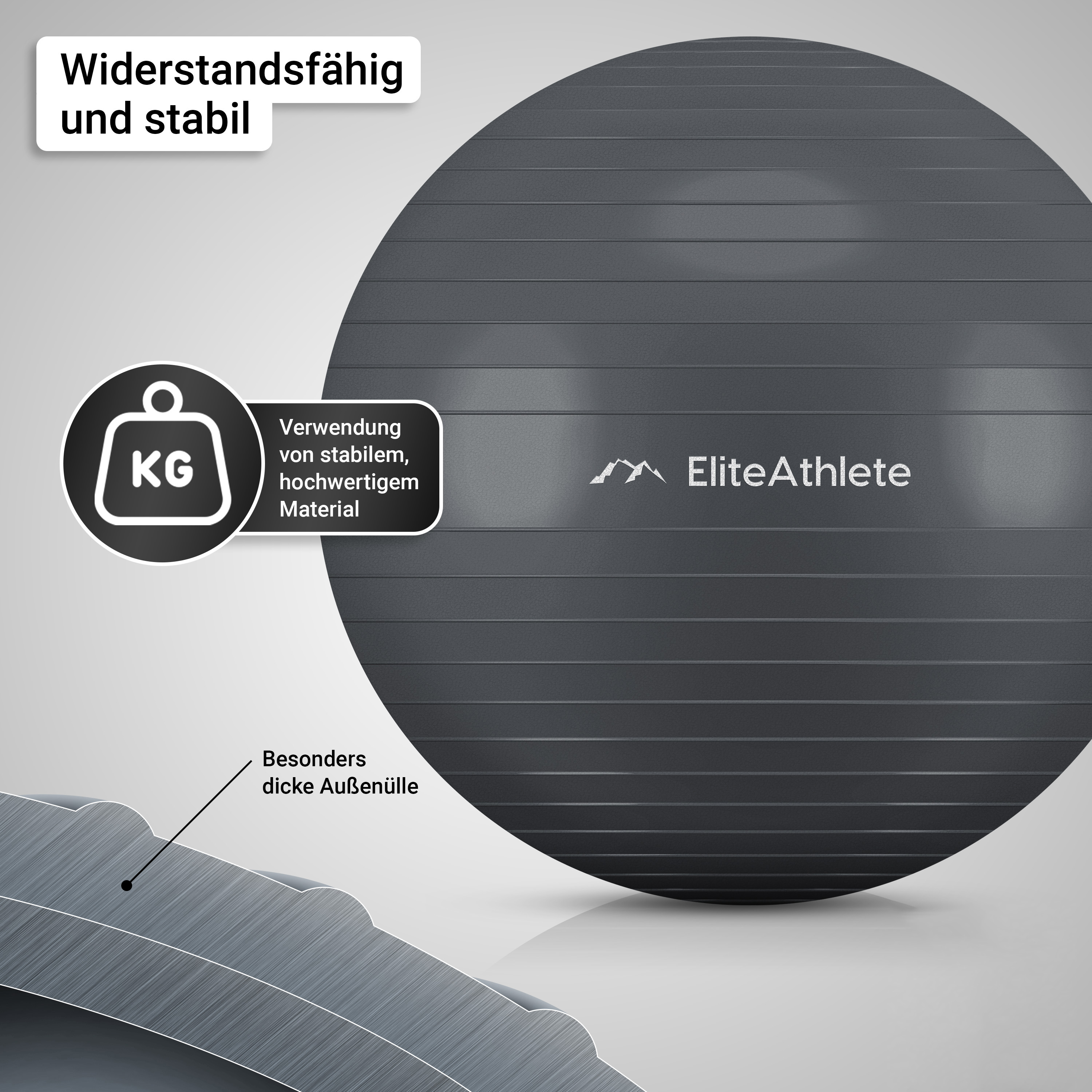 Grauer Gymnastikball mit Text und Grafiken. Verschiedene informative Callouts. Weißer Hintergrund.