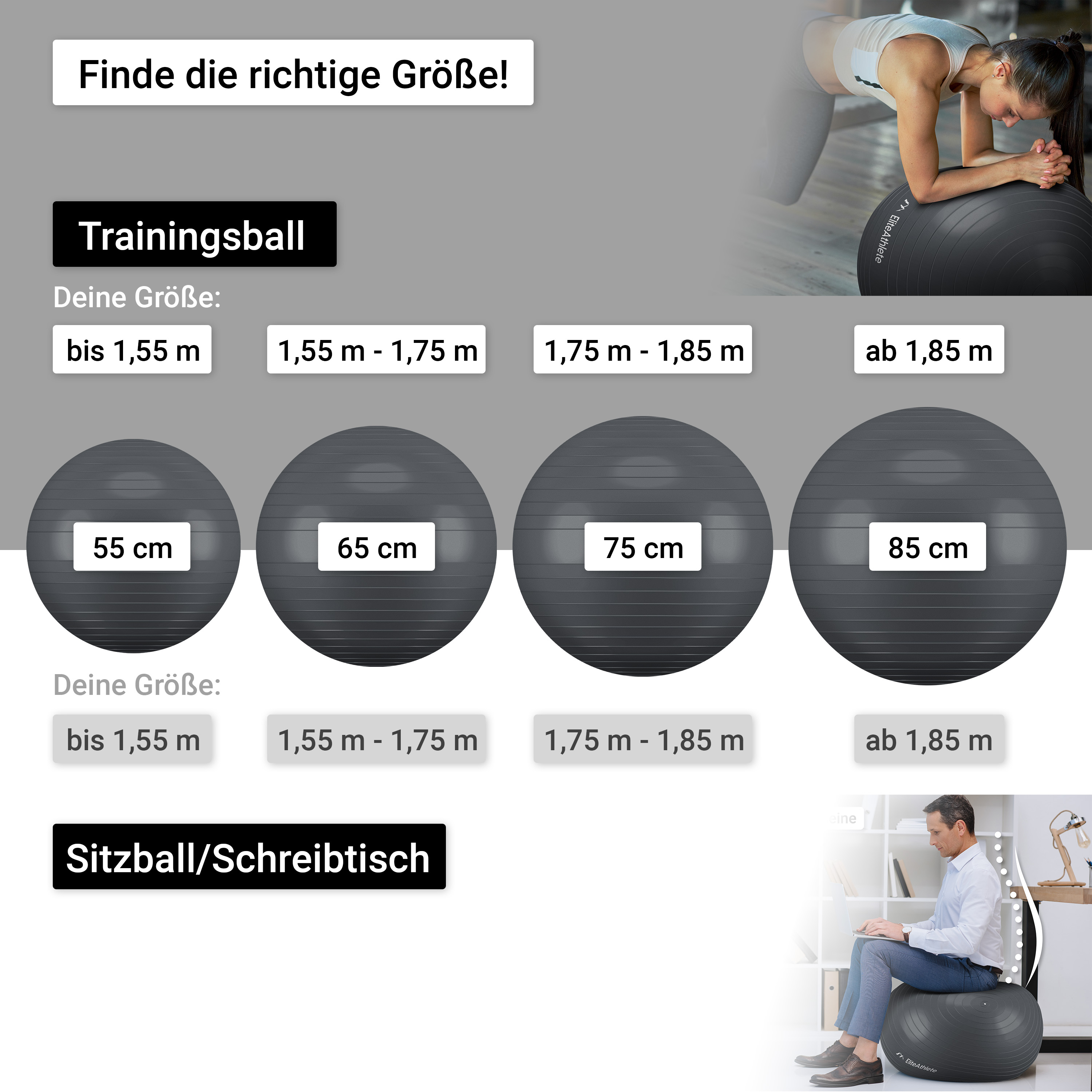 Verschiedene graue Gymnastikbälle mit Größenangaben. Auch ein Mann sitzt im Büro auf einem Ball.