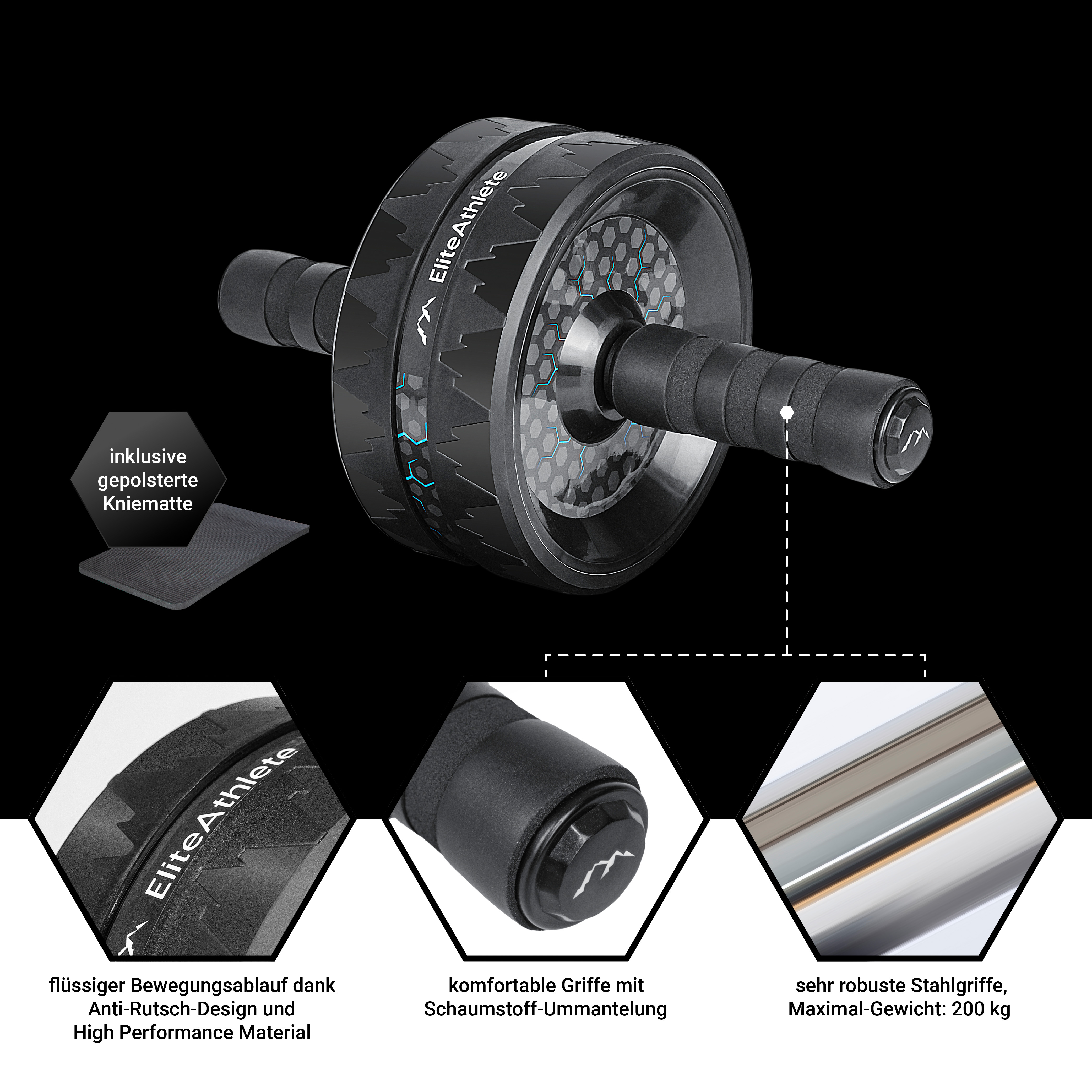 Allenatore Addominali AB Ruota Ultrasport - Con Doppie Rotelle E Tappetino Per Ginocchia, Blu - Foto 3