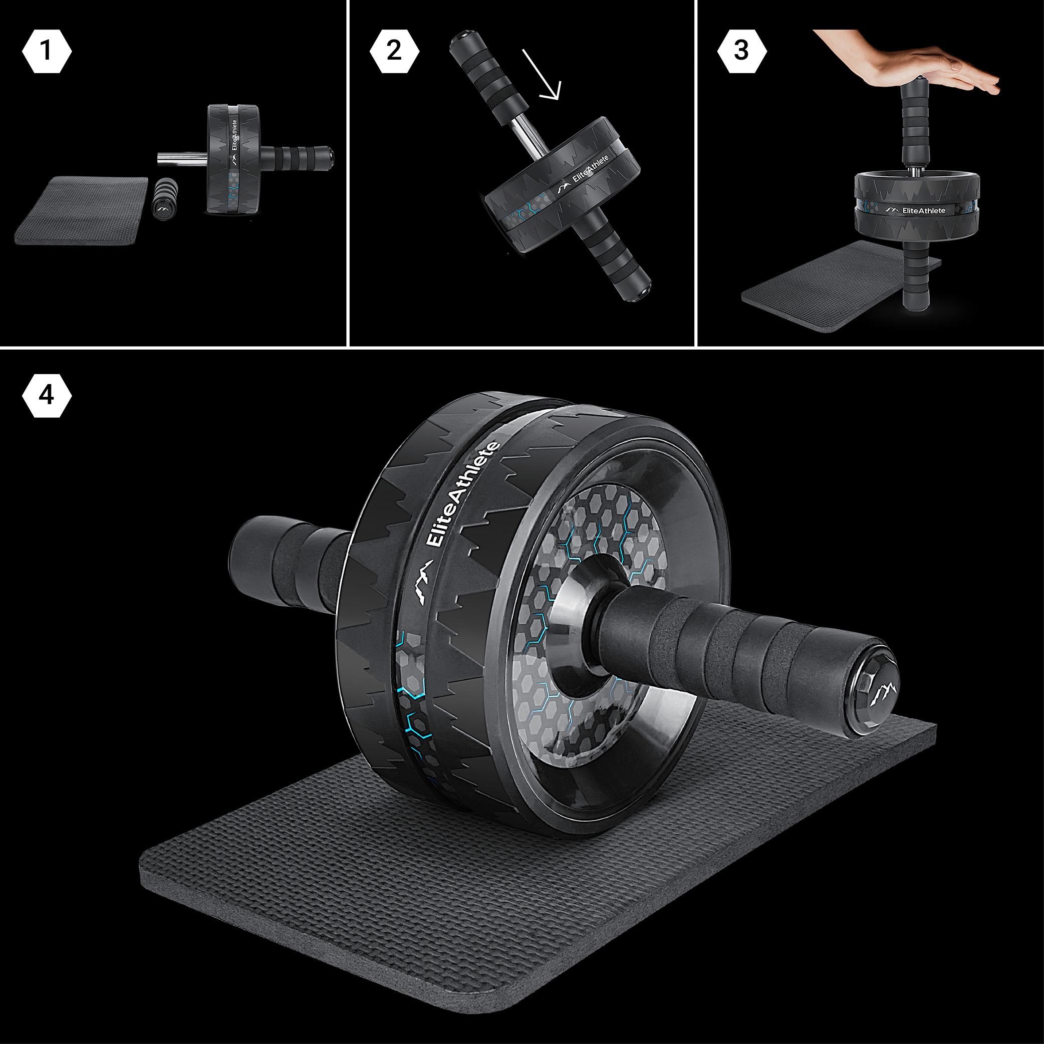Vierstufiges Bild: Ab-Wheel-Roller auf Matte. Zeigt Montage und Gebrauch, mit schwarzem Roller.