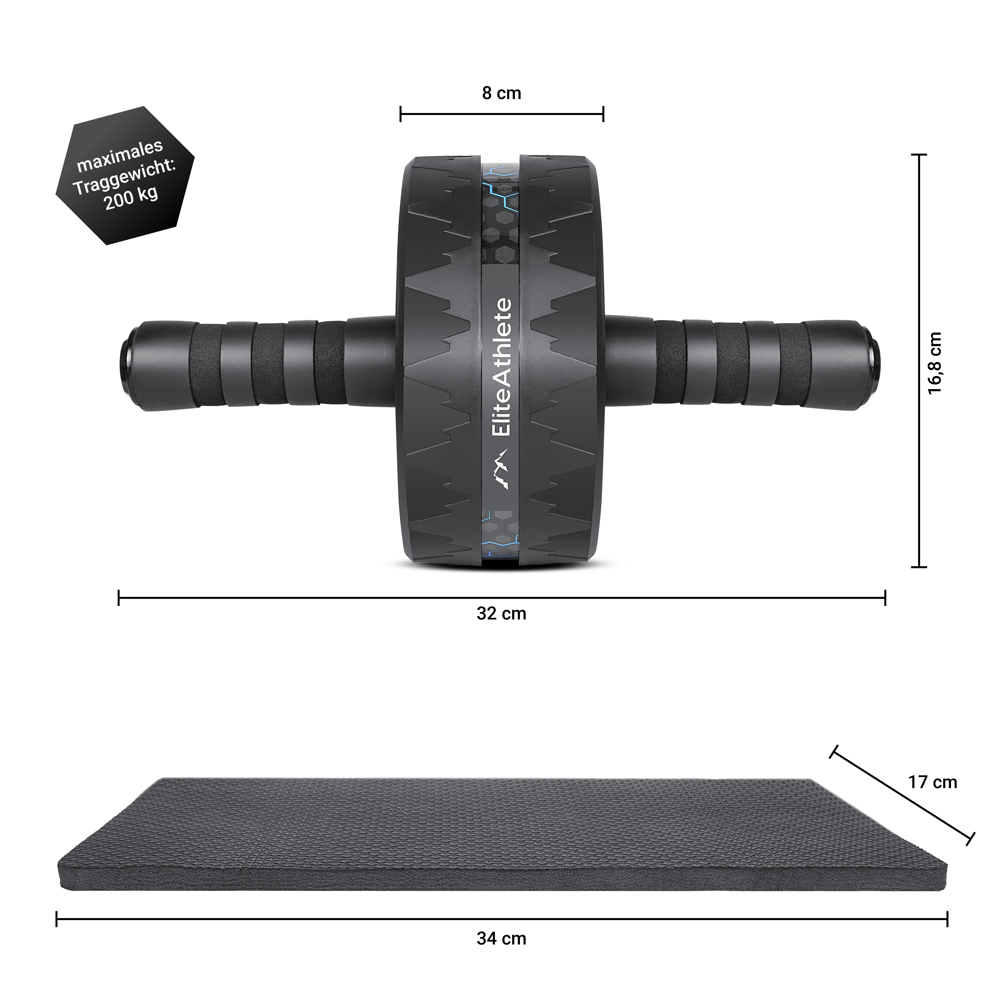 Schwarzer Ab-Roller mit Matte, weißer Hintergrund.