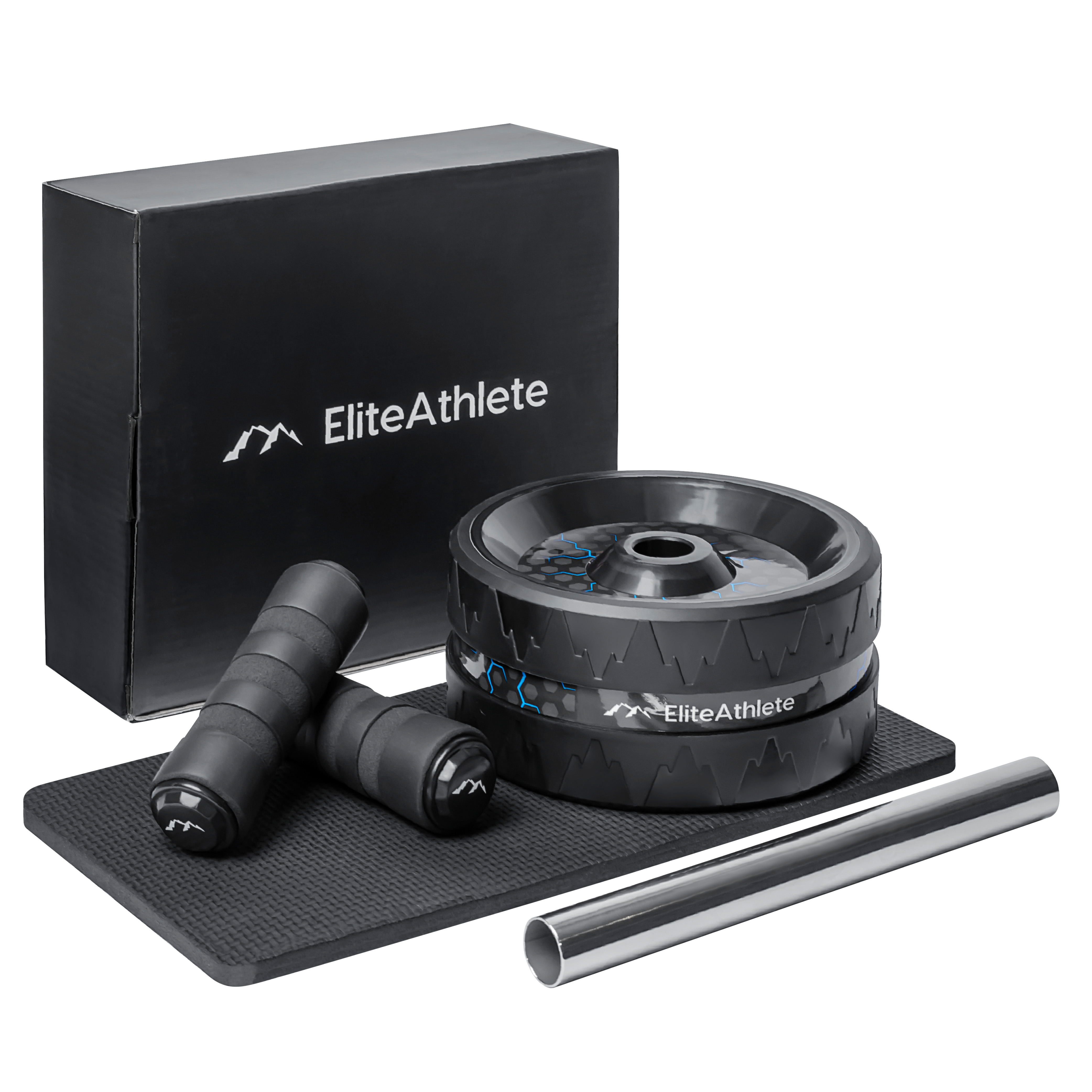 Schwarzes Ab-Roller-Set mit Box, Griffen und einer Matte.