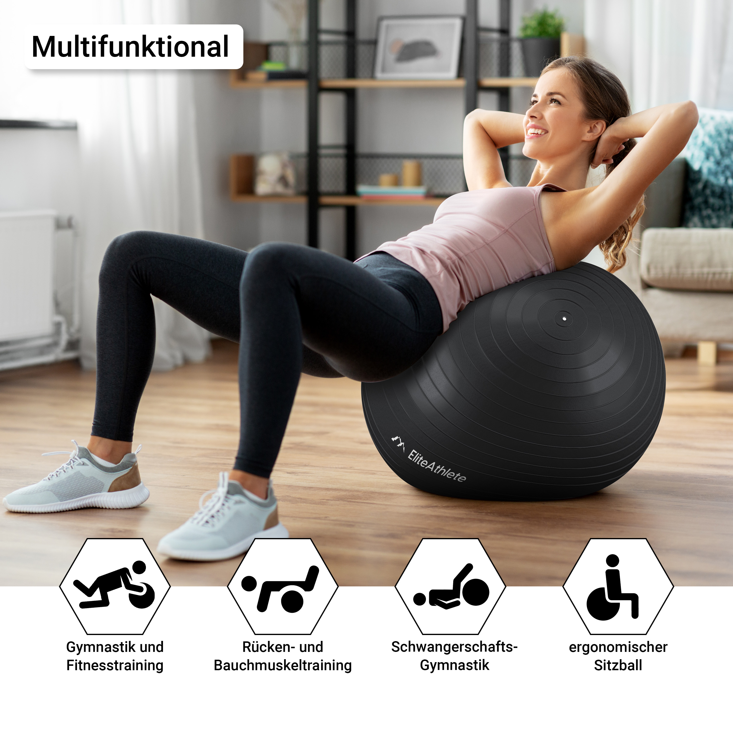 Frau auf schwarzem Gymnastikball beim Training. Icons zeigen Fitness-Anwendungen.