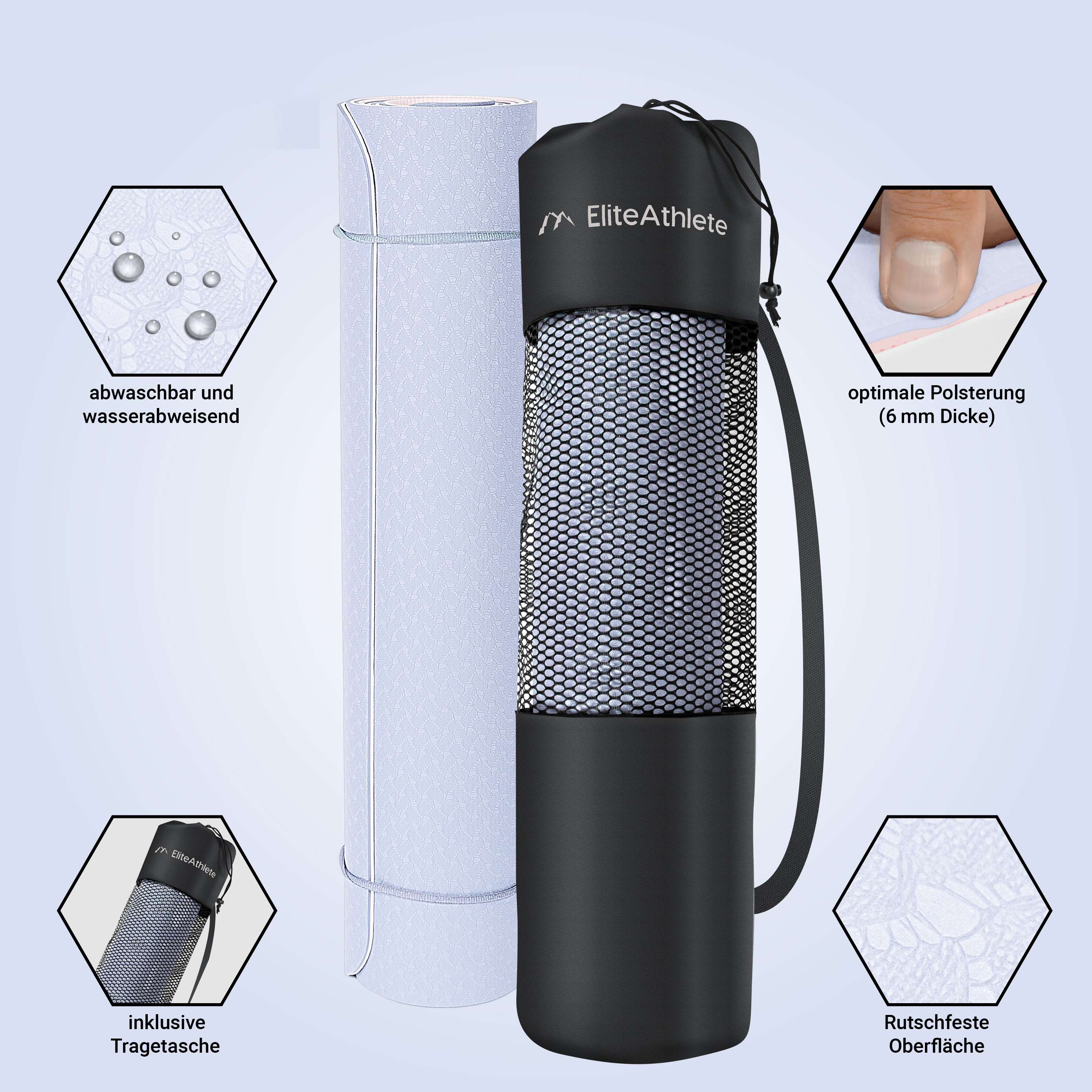 Eine gerollte Yogamatte in einer schwarzen Tragetasche mit wasserabweisender, strukturierter Oberfläche.