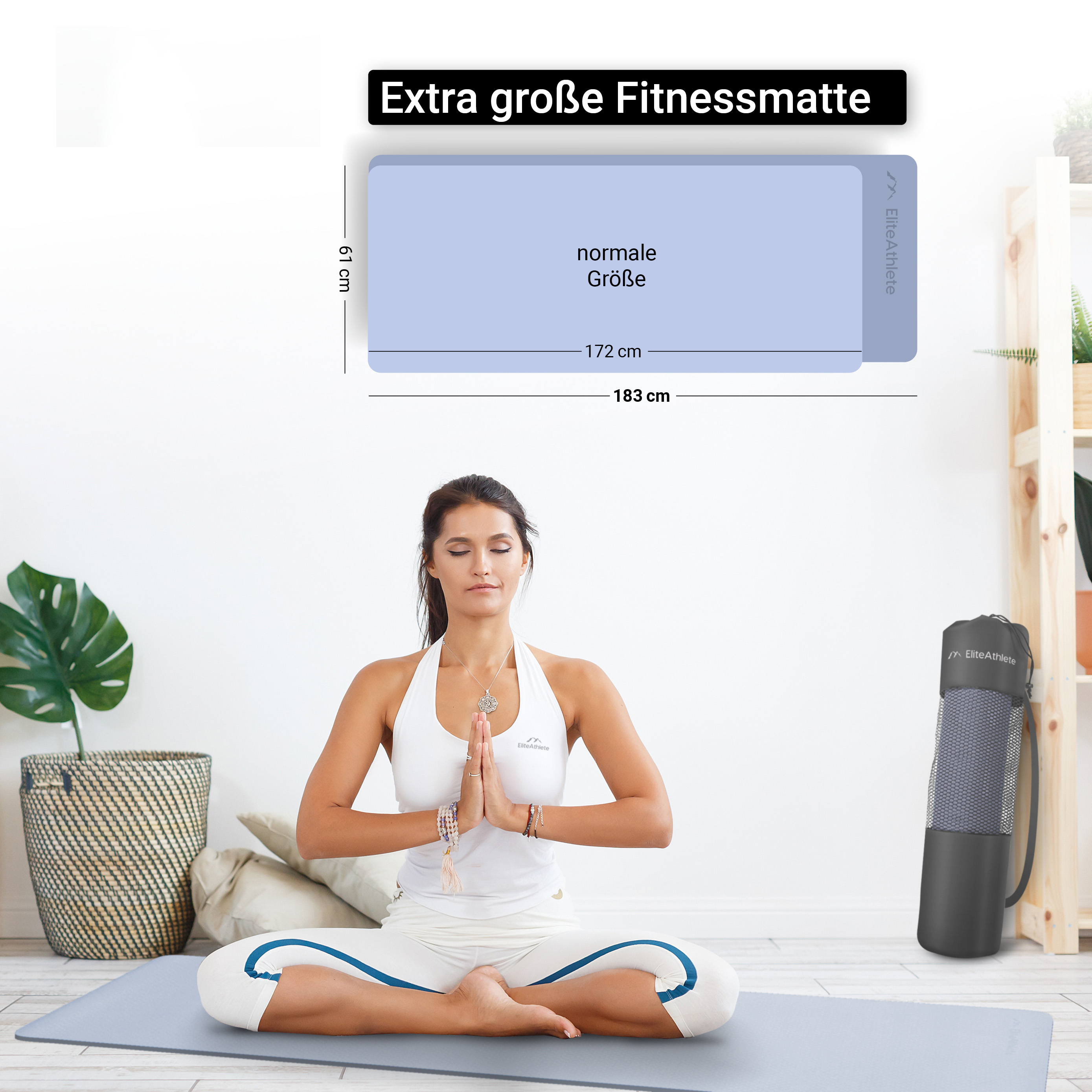 Frau auf Yogamatte im Lotussitz, Text über Größe und Marke.