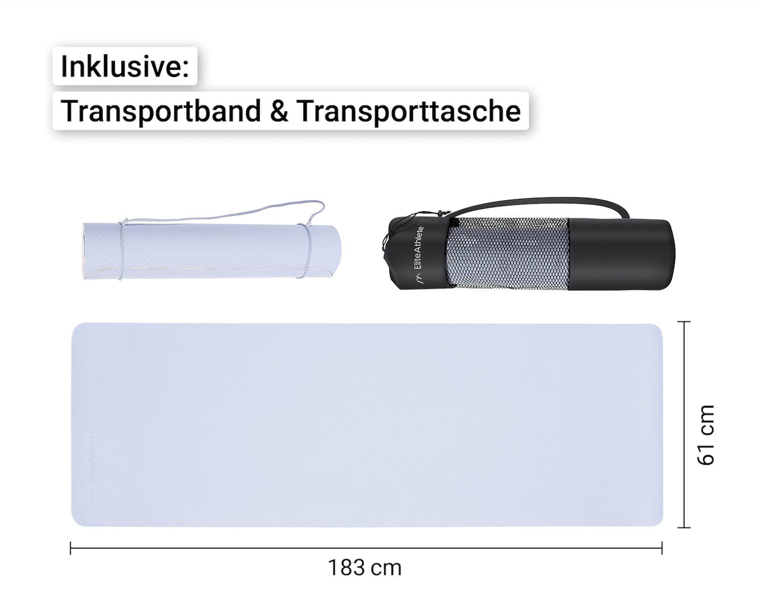 Zusammengeklappte Yogamatte mit Transportband und Tragetasche.