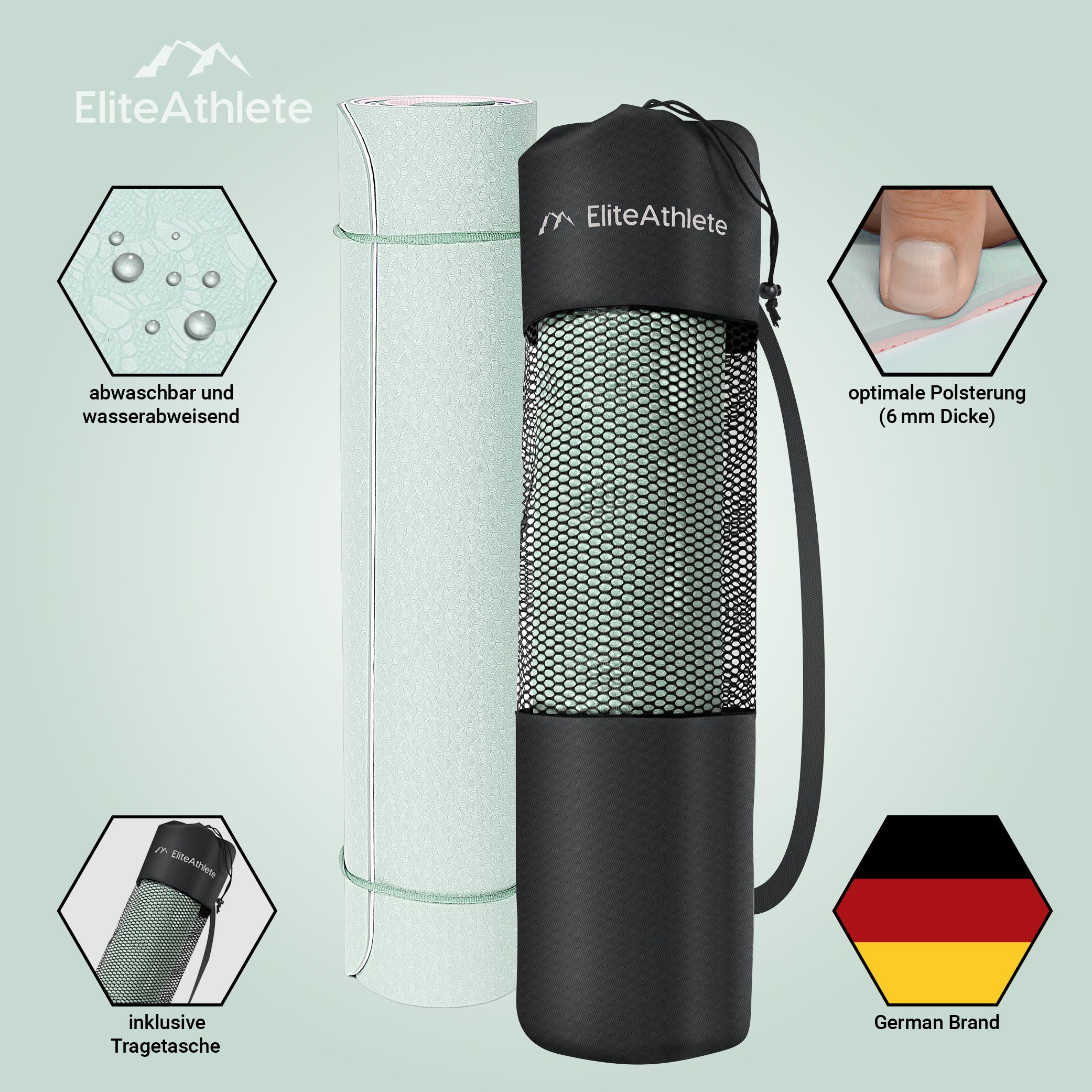 Eine aufgerollte Yogamatte in einer schwarzen Tasche. Es gibt auch Werbedetails auf dem Bild.