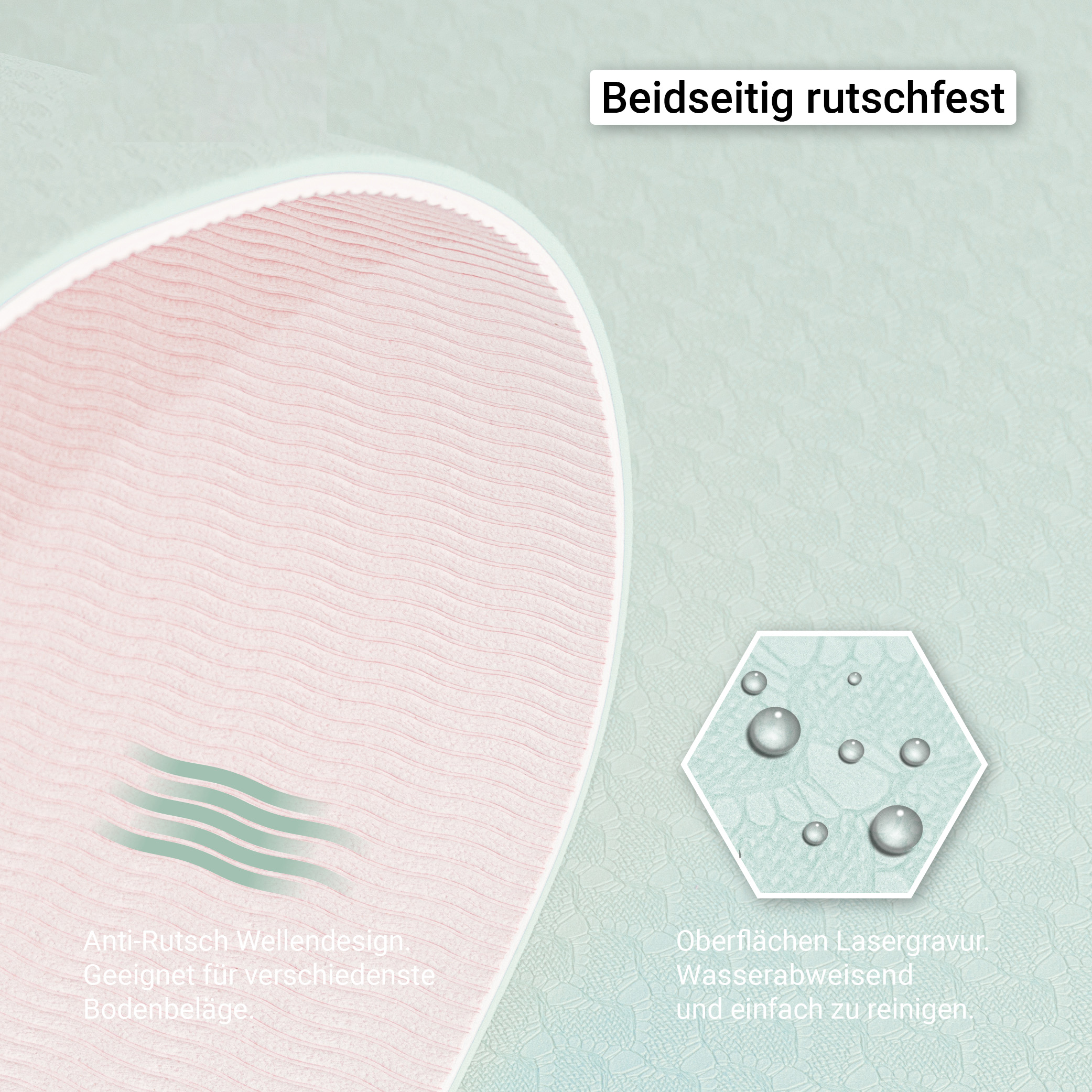 Nahaufnahme einer strukturierten Oberfläche mit einem rosa Bereich und einem Sechseck mit Wassertropfen.