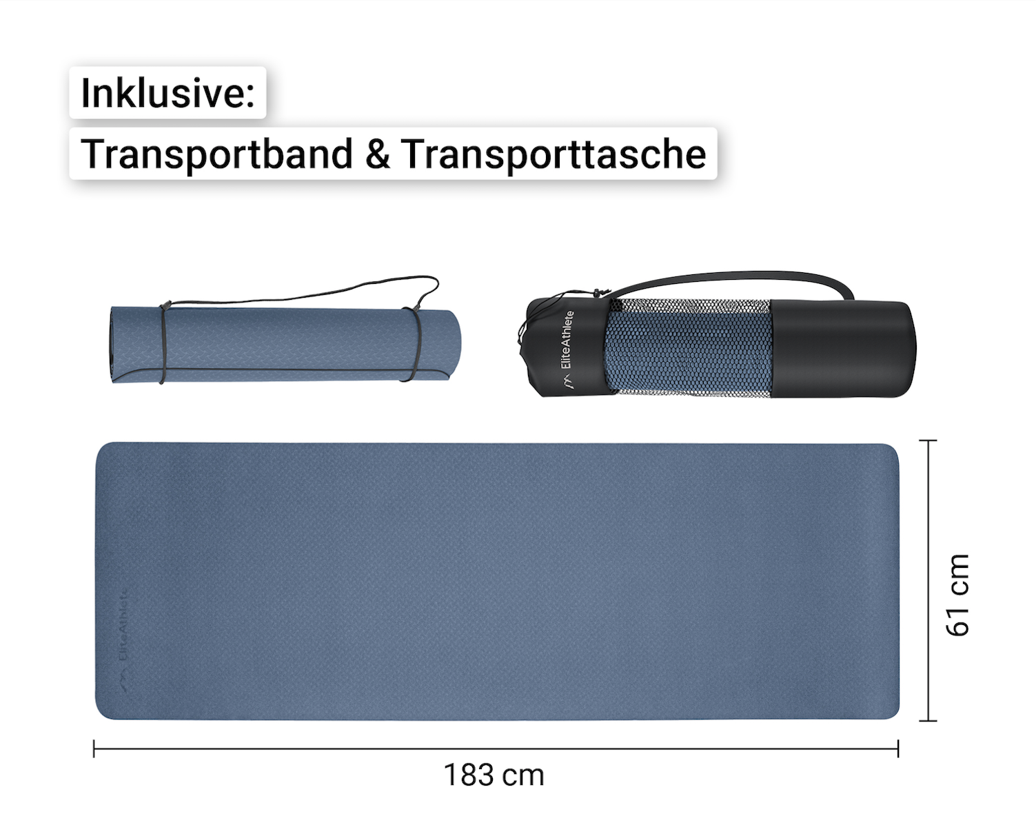 Blaue Yogamatte mit Transportband und -tasche. Abmessungen: 183 cm x 61 cm.