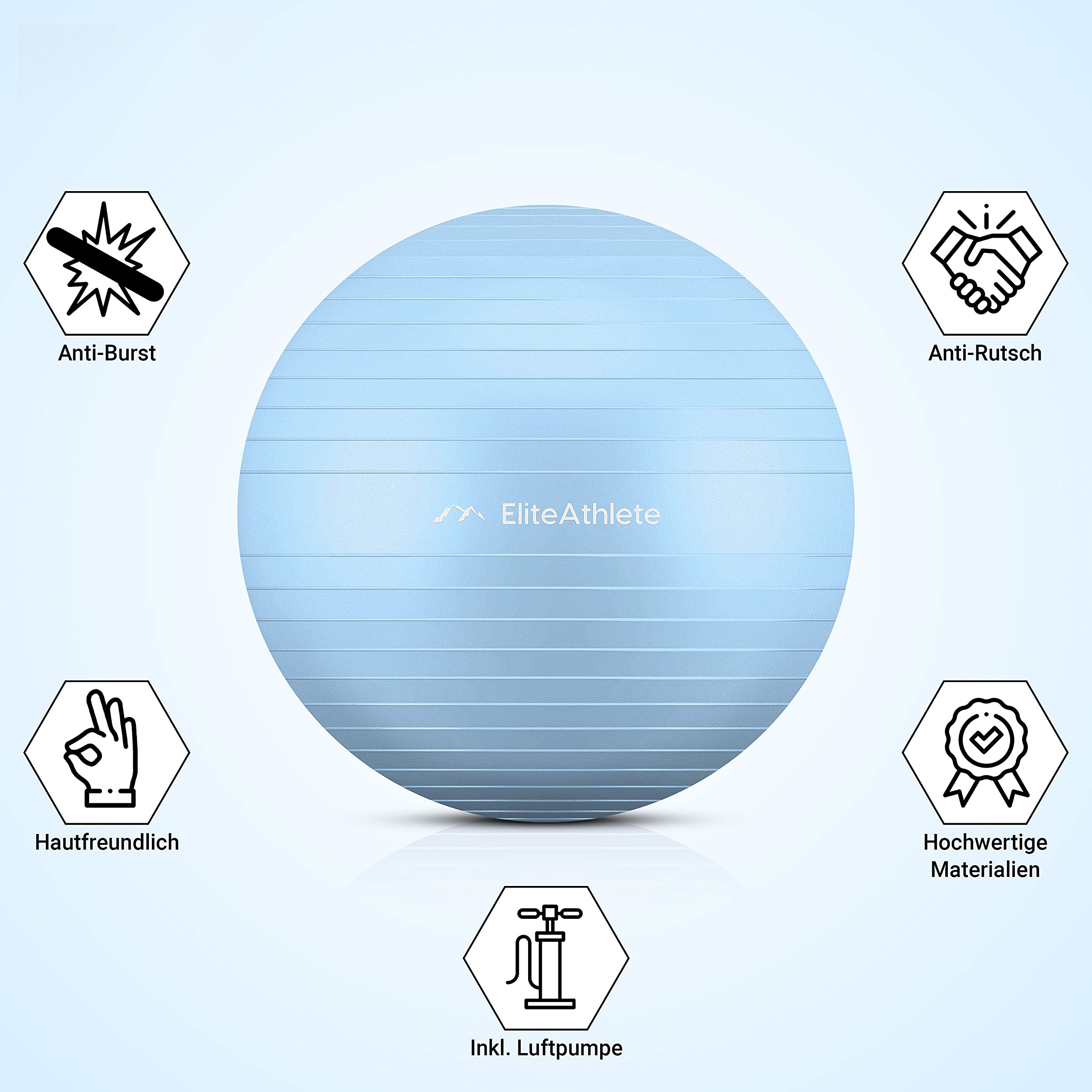 Hellblauer Gymnastikball mit Symbolen, die Funktionen wie Anti-Burst und Anti-Rutsch anzeigen, auf weißem Grund.