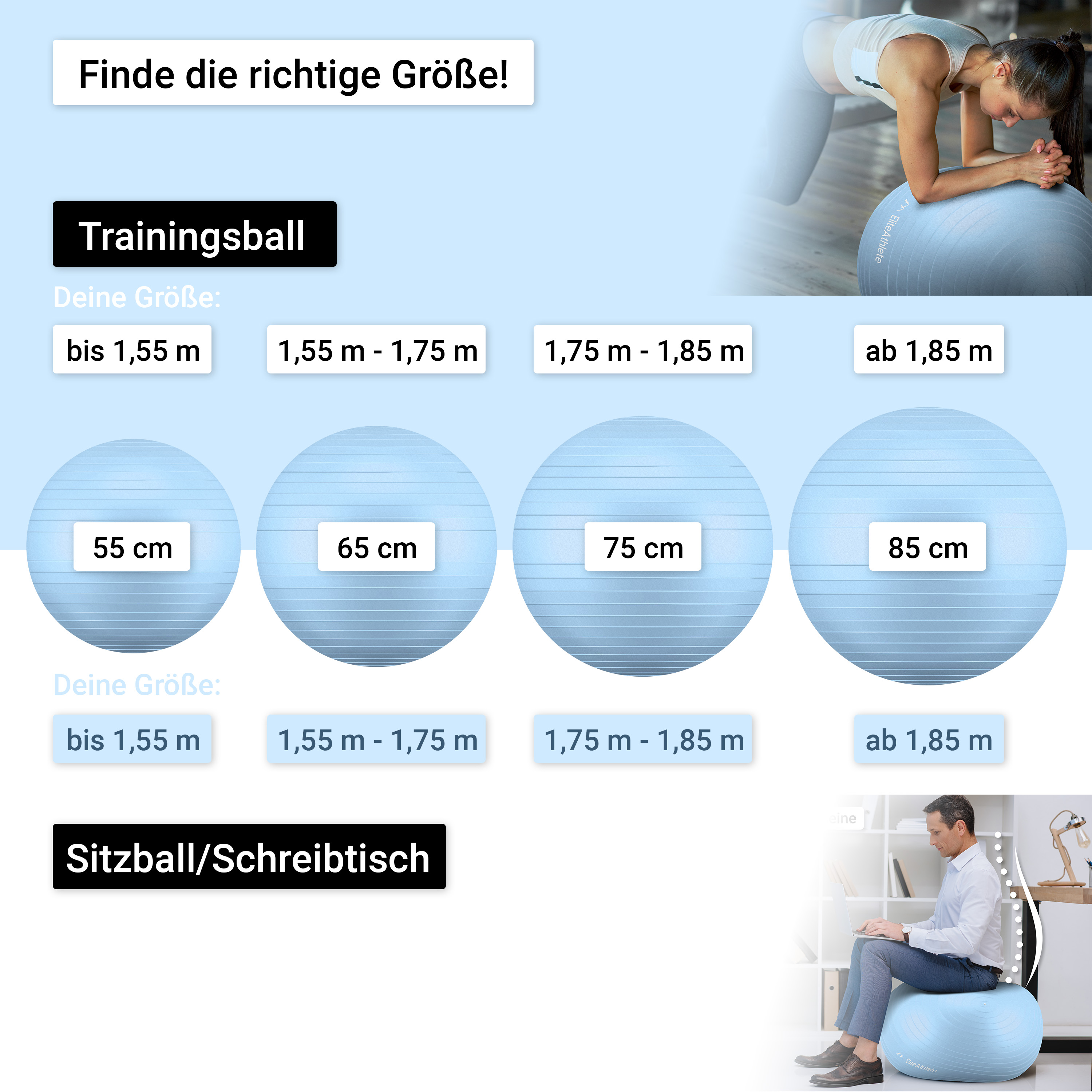 Vier hellblaue Gymnastikbälle mit Größenangaben und zwei Personen, die die Nutzung demonstrieren.