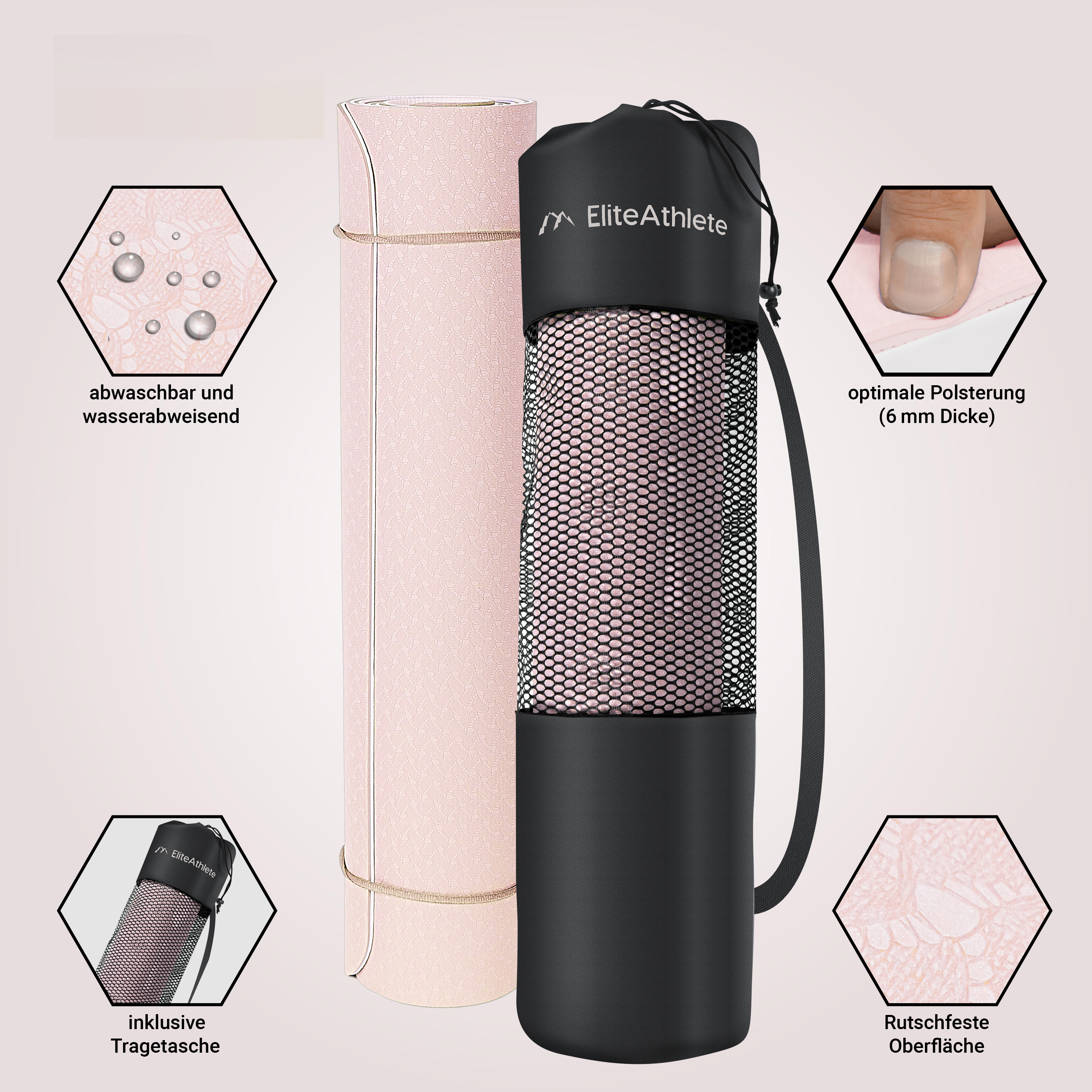Zwei Yogamatten, gerollt und in einer Tasche. Schwarze Tasche mit Logo und rosa Matten.