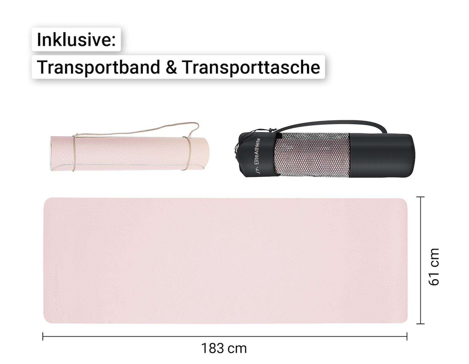 Rosa Yogamatte mit Transportband und -tasche. Maße: 183 cm lang und 61 cm breit. Weißer Hintergrund.