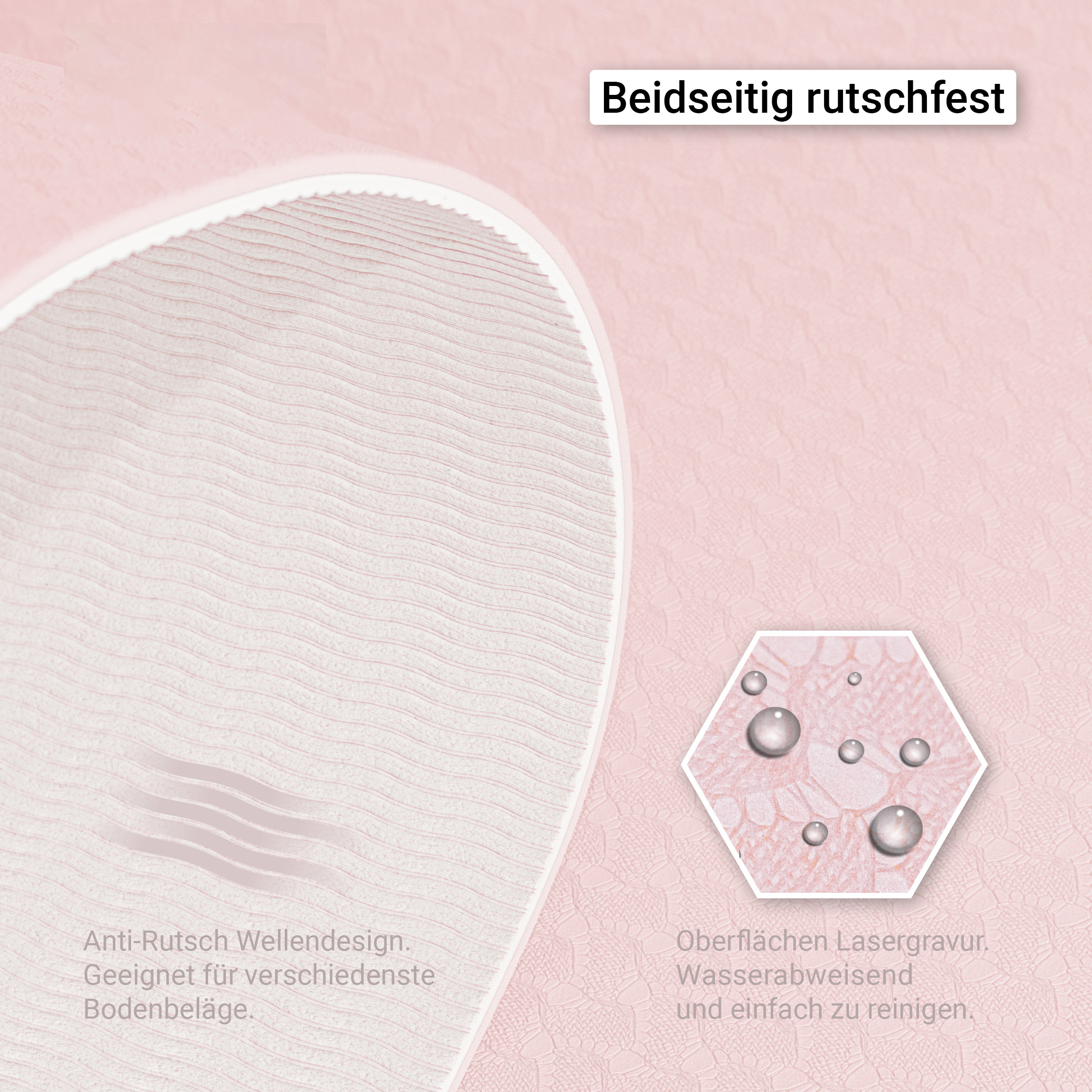 Nahaufnahme einer rosa Oberfläche mit strukturiertem Muster und wasserabweisendem Sechseck.