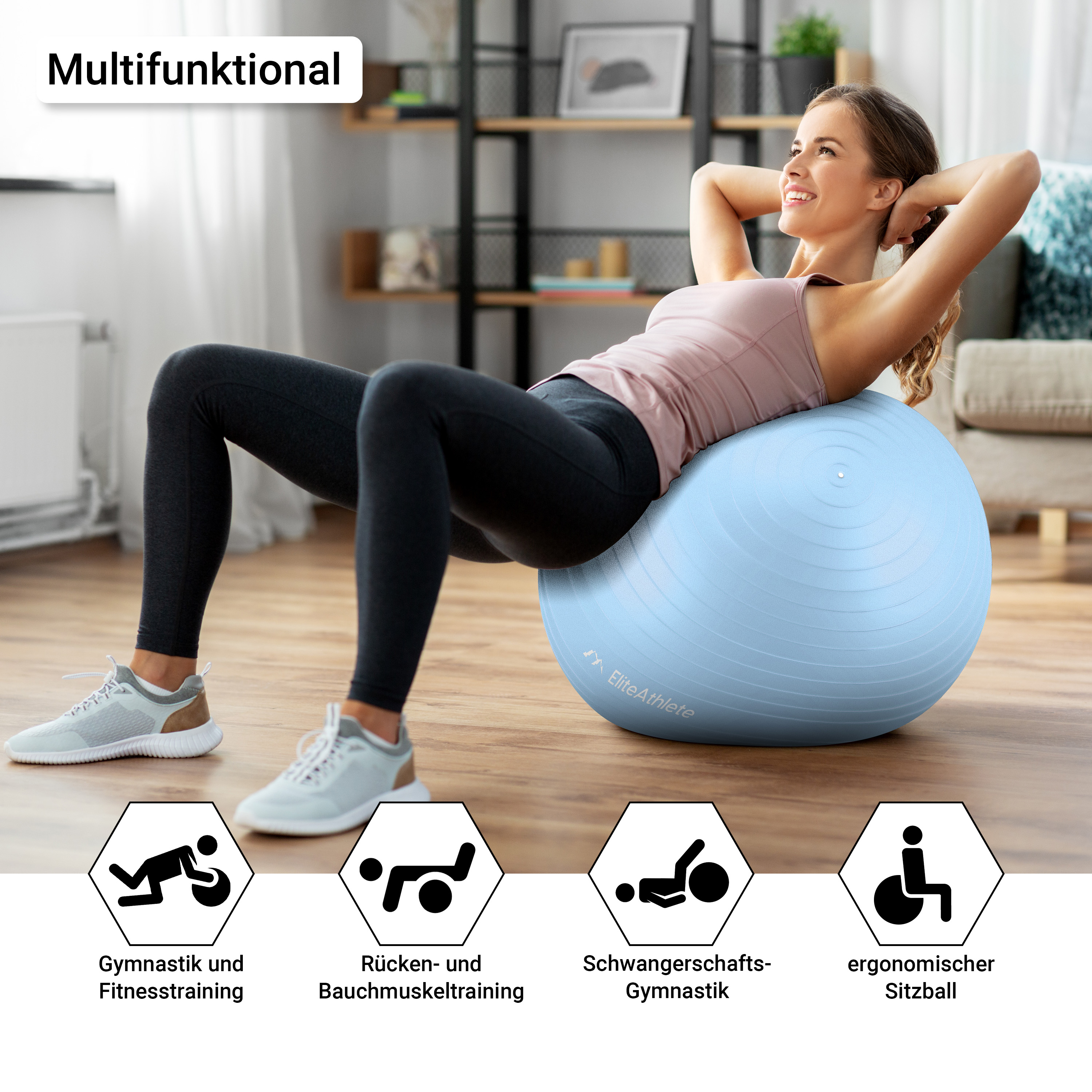 Frau, die mit Symbolen auf einem blauen Gymnastikball trainiert.