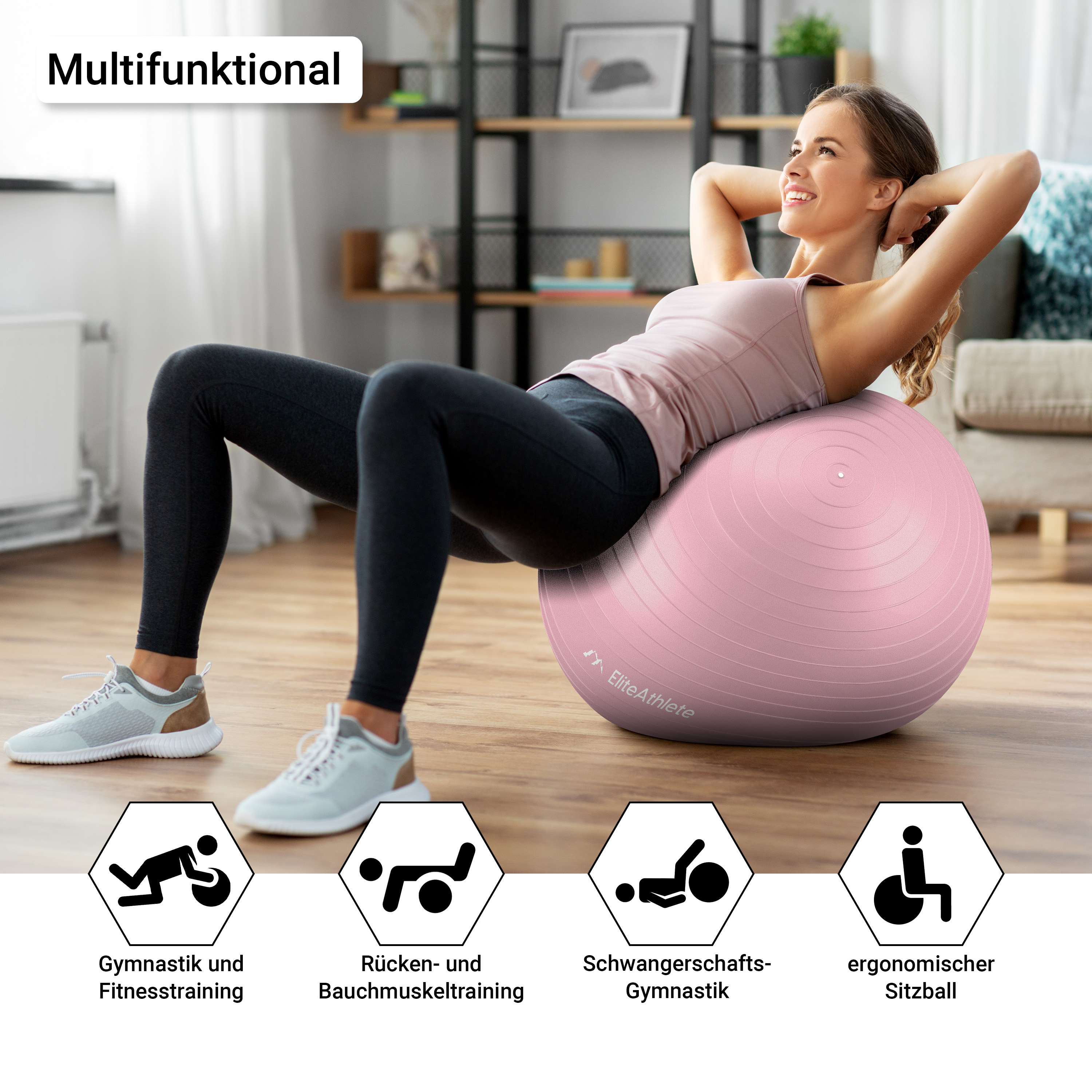 Frau, die auf einem pinkfarbenen Fitnessball trainiert. Icons für Fitnesstraining sind unten.