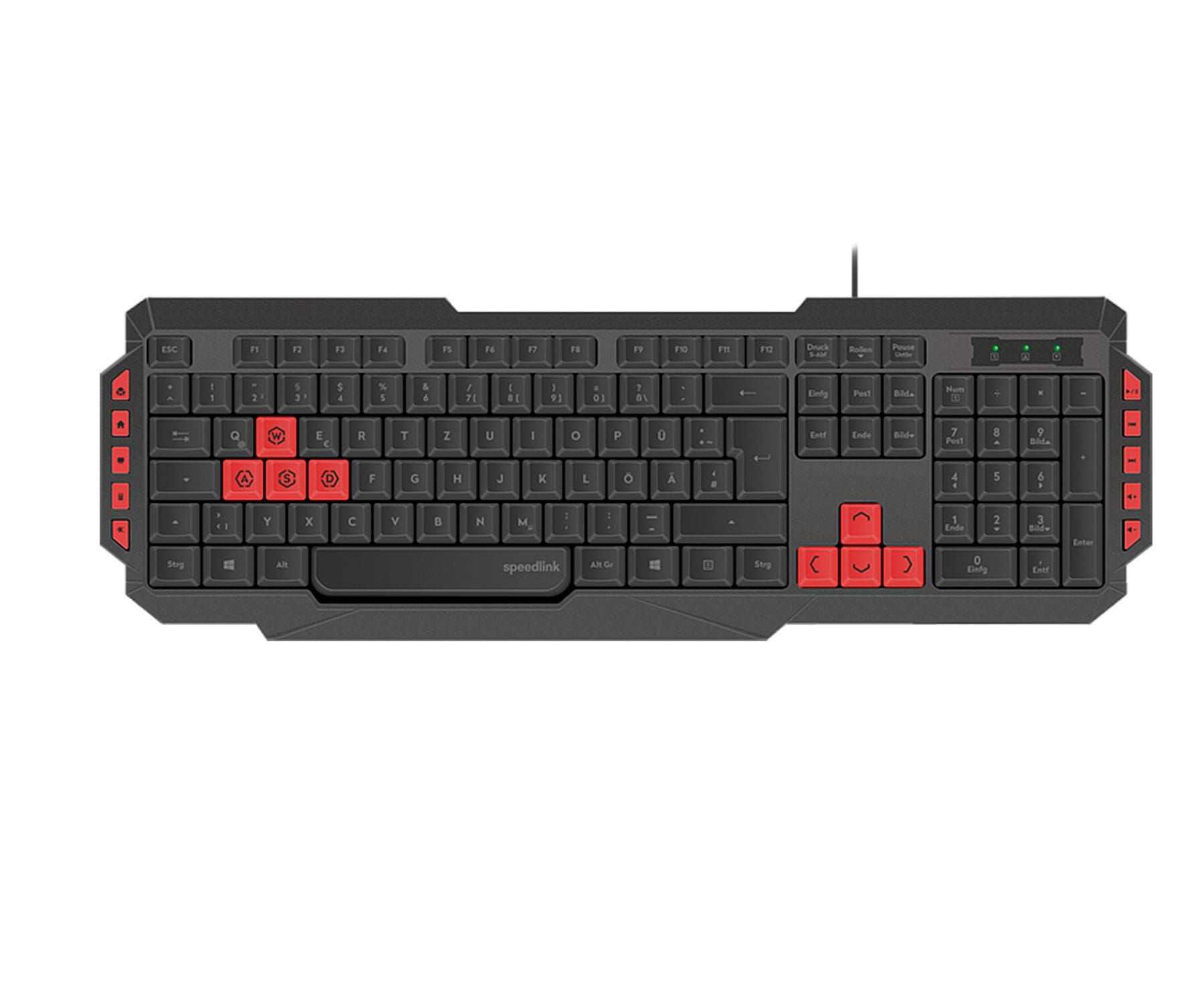 Teclado negro. Teclas y acentos rojos en los lados izquierdo y derecho. Texto blanco en las teclas.