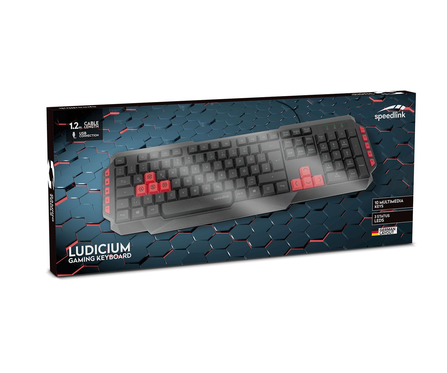 Teclado gaming en caja, con teclas rojas y diseño negro y rojo.