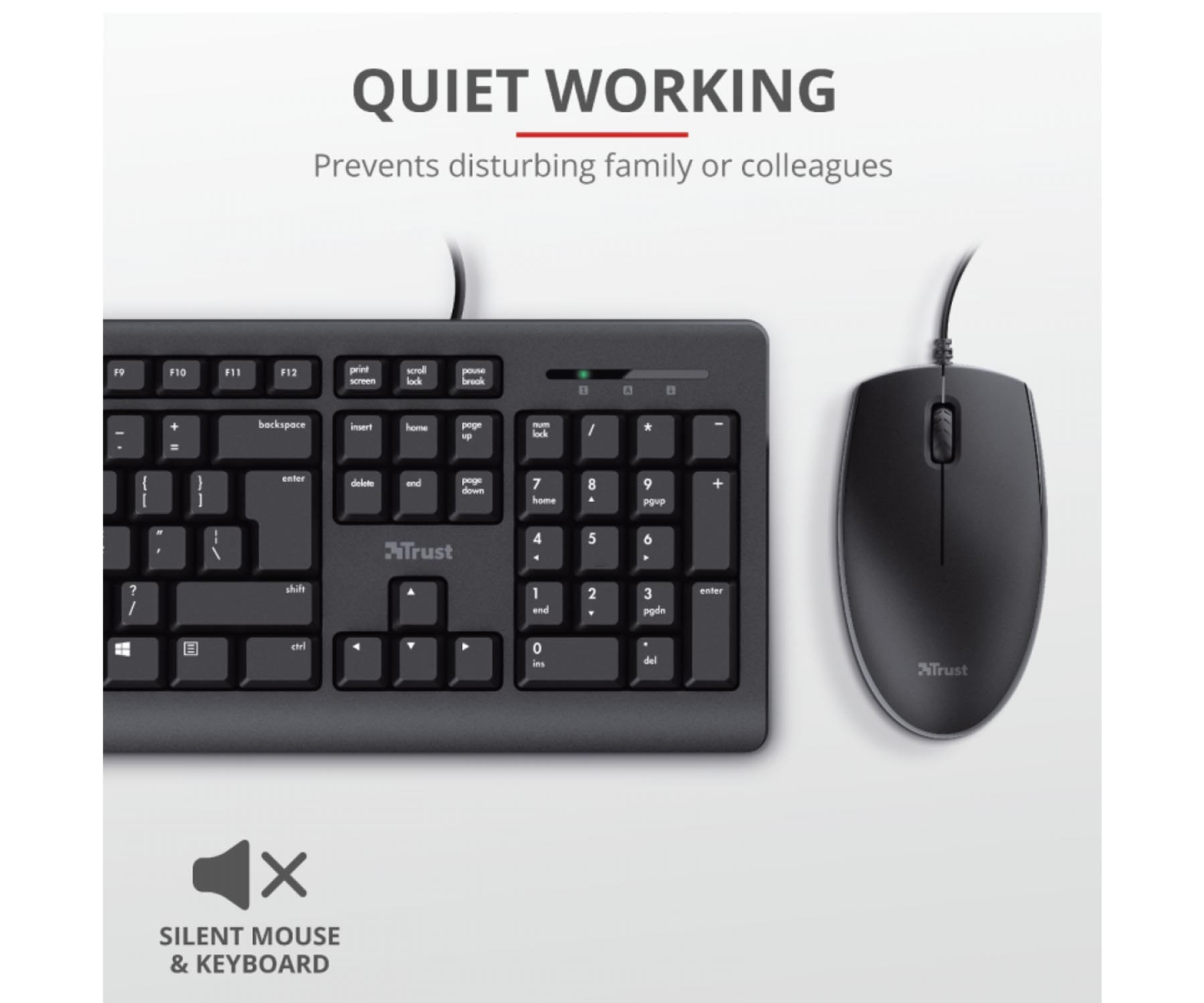 Schwarzes Tastatur- und Maus-Set auf weißer Oberfläche mit Text über ruhiges Arbeiten und stille Funktionen.