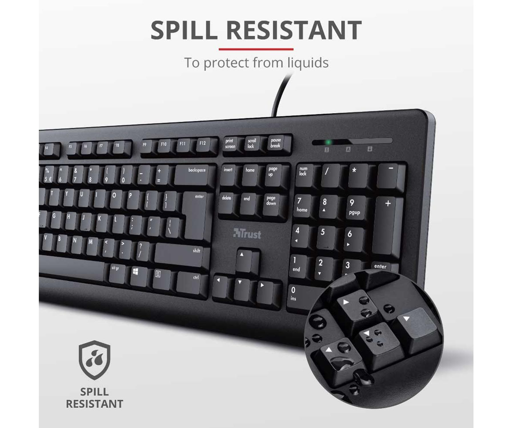 Eine schwarze Tastatur mit weißen Tasten und eine Nahaufnahme der auslaufsicheren Funktion.