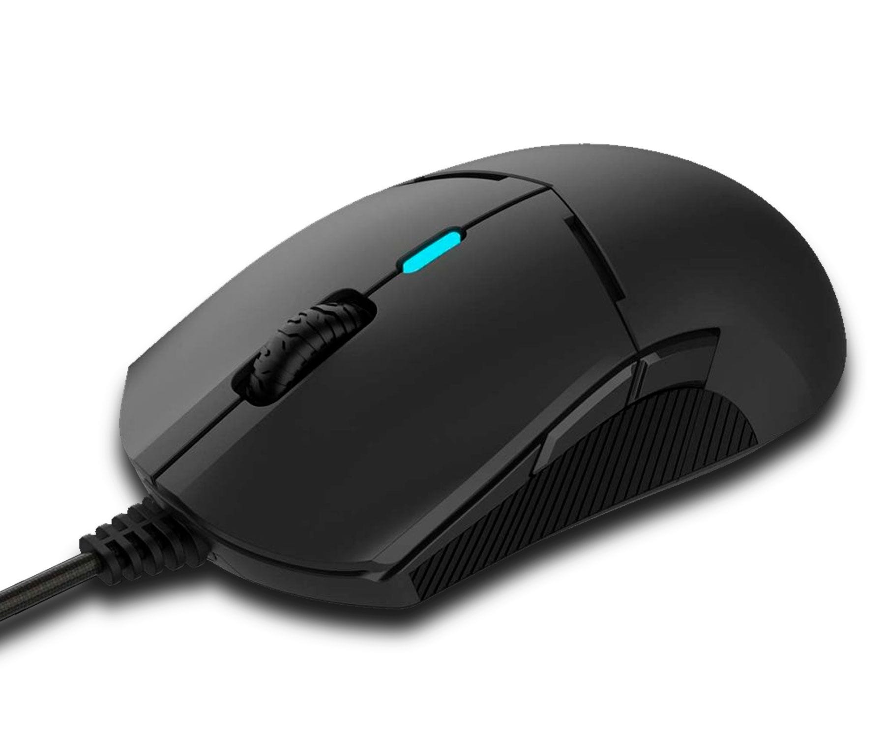 Mouse per computer nero con luce blu in alto e cavo nero. Sfondo bianco.