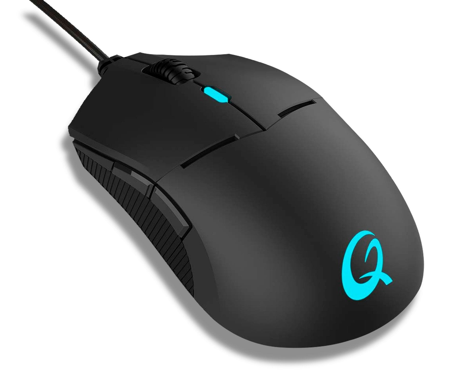 Mouse nero per computer con logo blu illuminato e cavo.