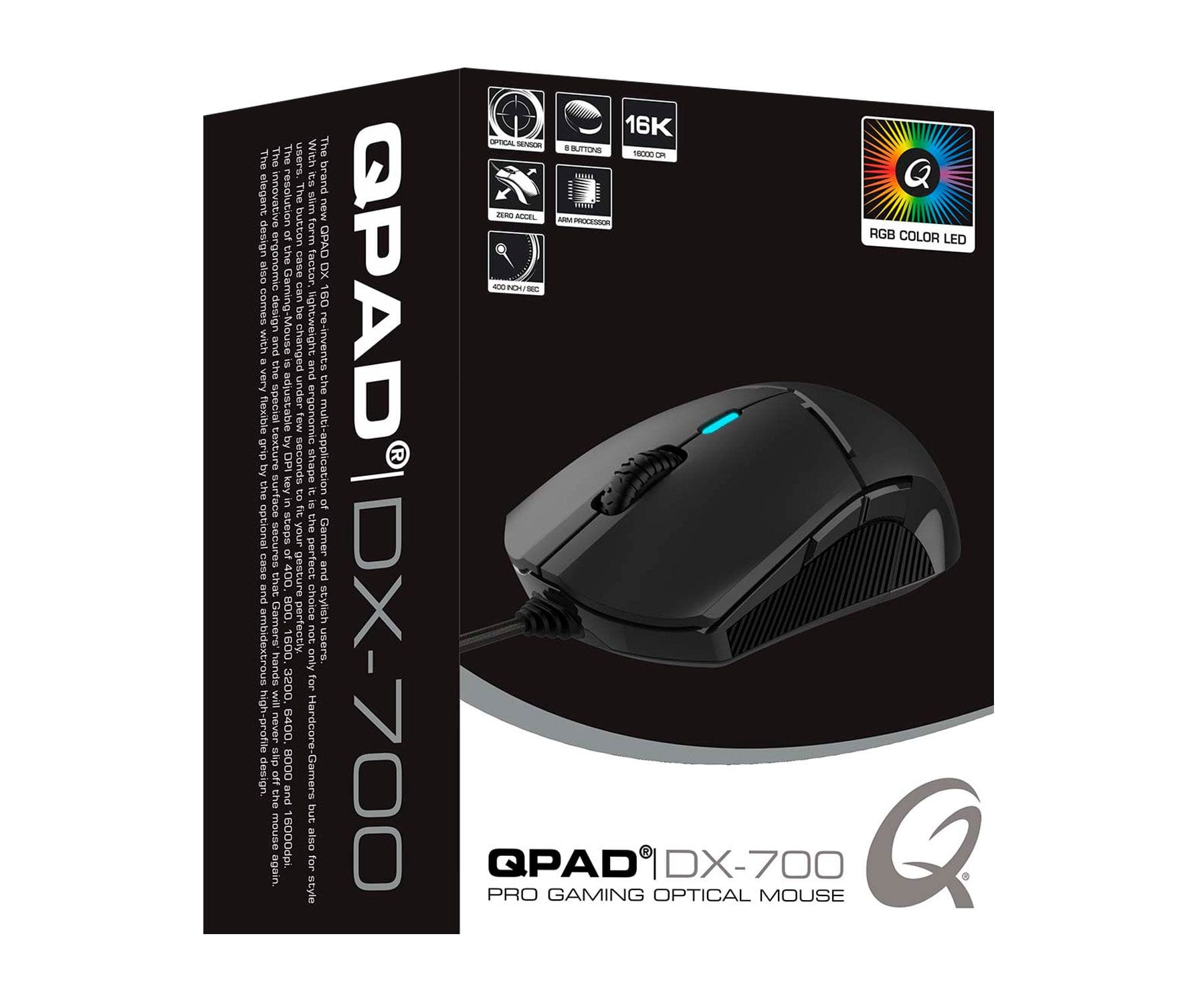 Mouse da gaming nero con testo 'QPAD DX-700'. Scatola con immagine del mouse e specifiche. LED colore RGB.