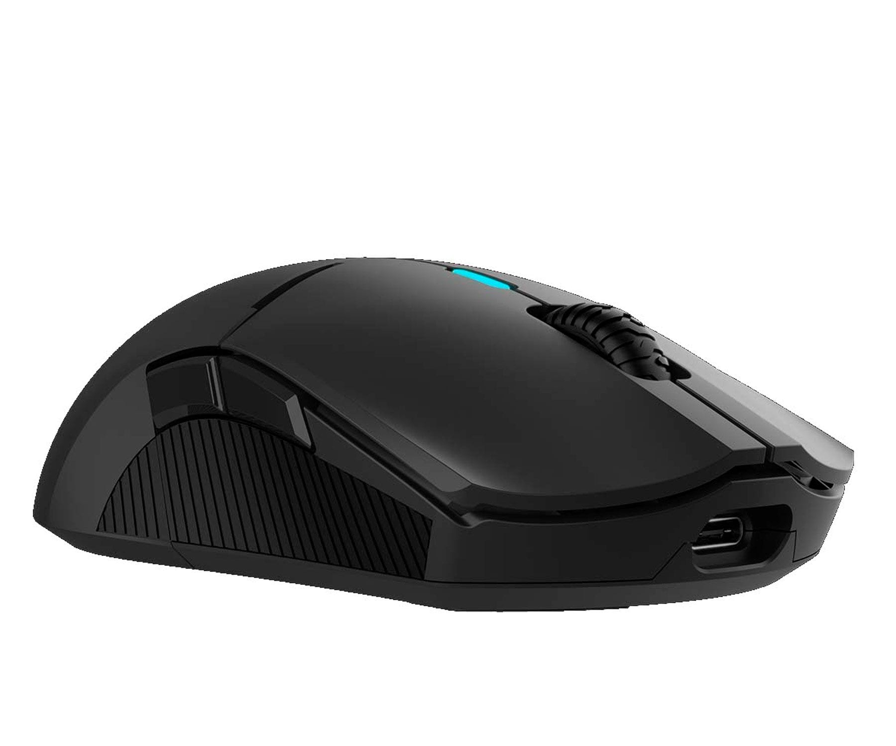 Czarna mysz bezprzewodowa z kółkiem przewijania i portem USB. Białe tło.