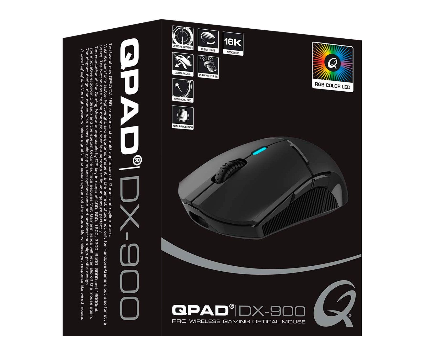 Czarna mysz do gier w pudełku, tekst i grafika. Białe tło.