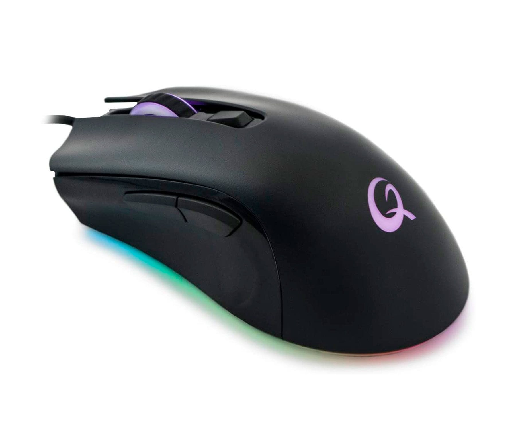 Czarna mysz gamingowa z fioletowym logo, bocznymi przyciskami i kolorowym paskiem LED, białe tło.