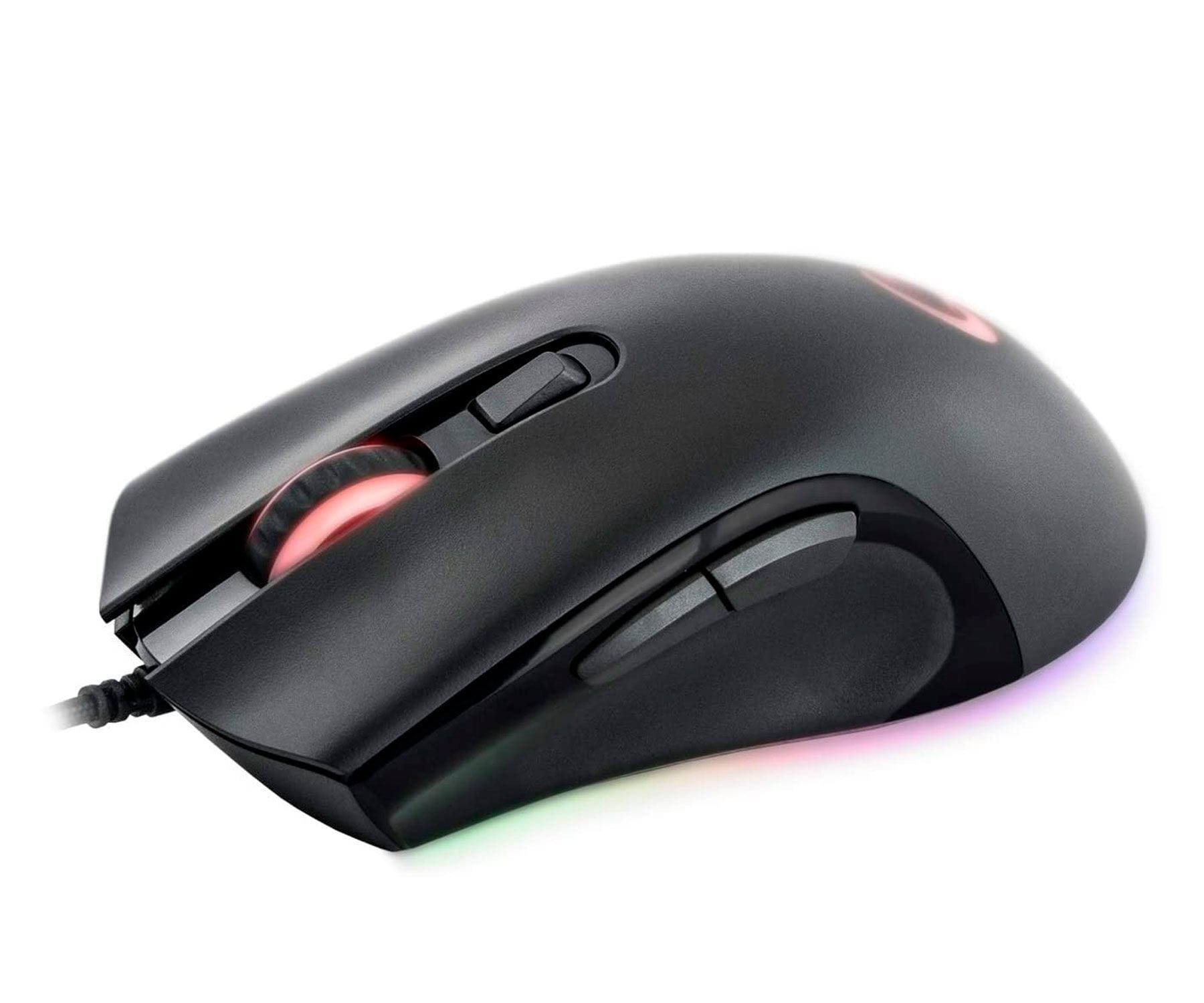 Czarna mysz do gier z czerwonym i kolorowym kółkiem i przyciskami oraz czarnym kablem.