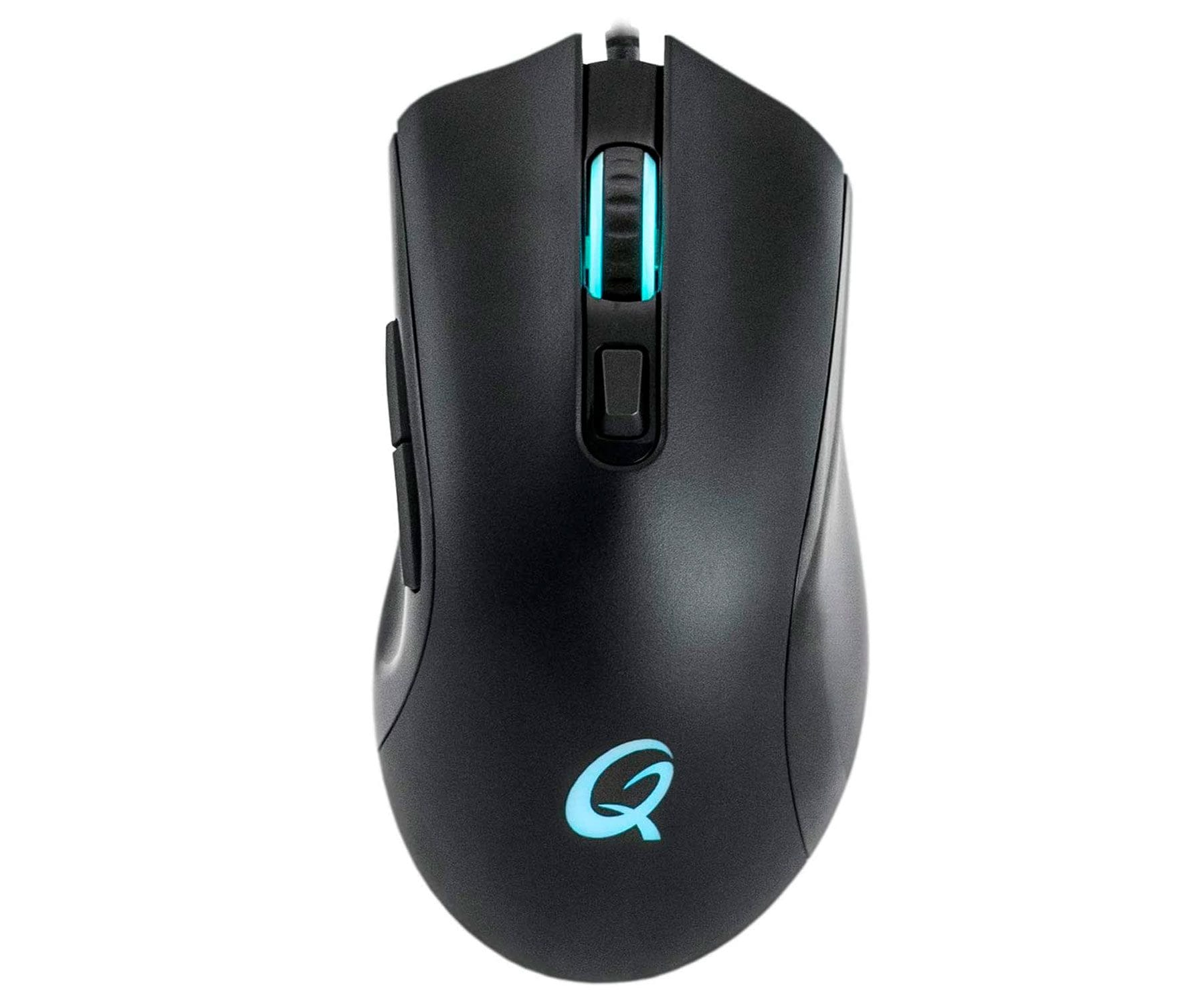 Czarna mysz gamingowa z niebieskim światłem i logo.