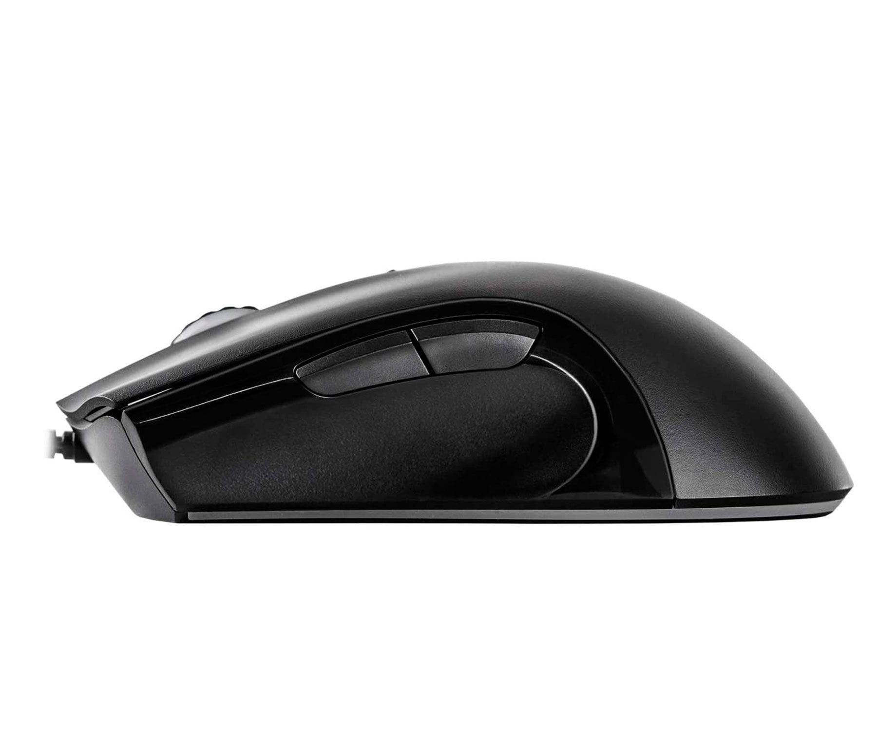 Czarna mysz komputerowa z kółkiem przewijania i przyciskami, widok z boku na białym tle.
