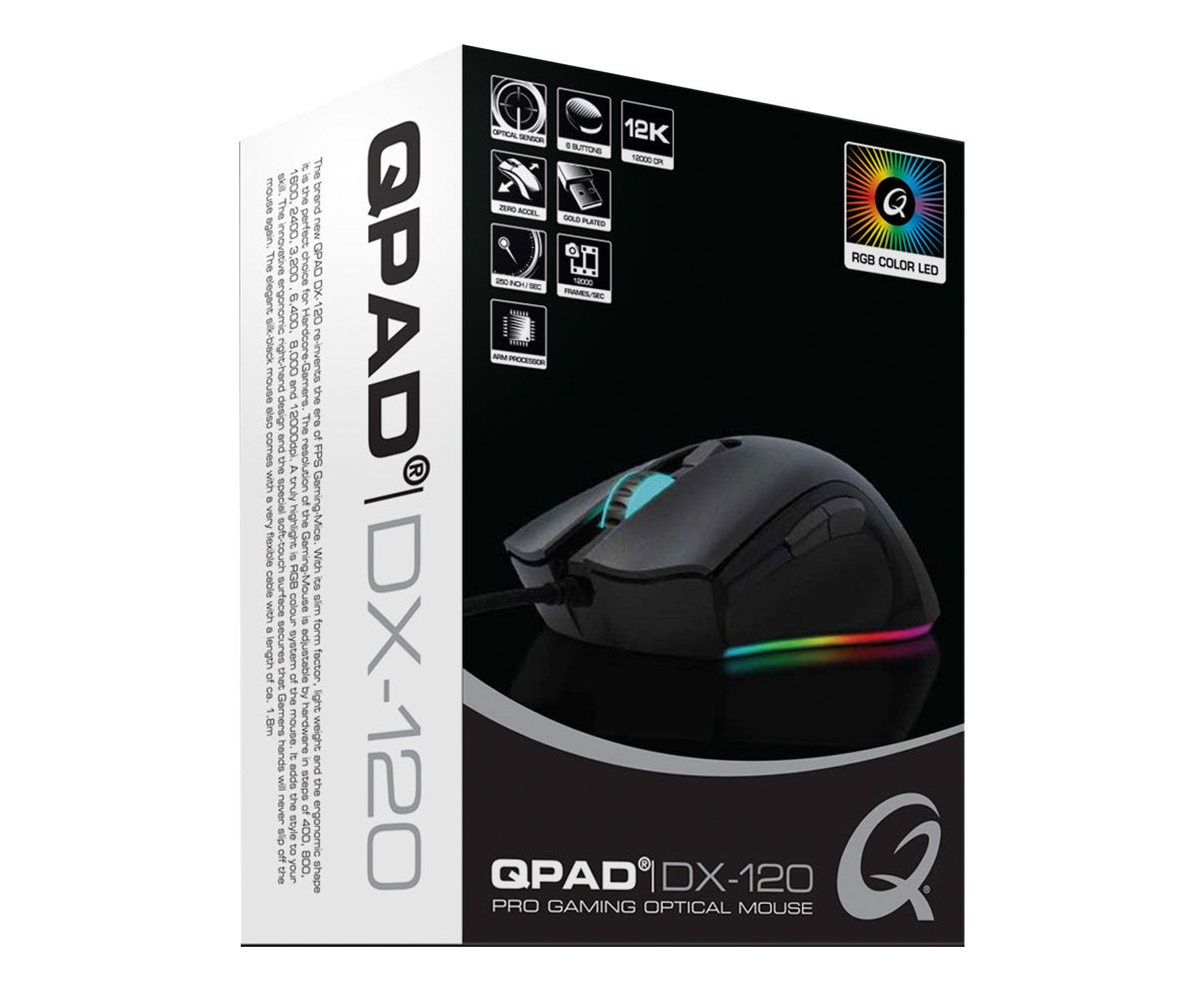 Czarna mysz do gier z podświetleniem RGB na białym pudełku. Tekst na pudełku to 'Qpad DX-120'.