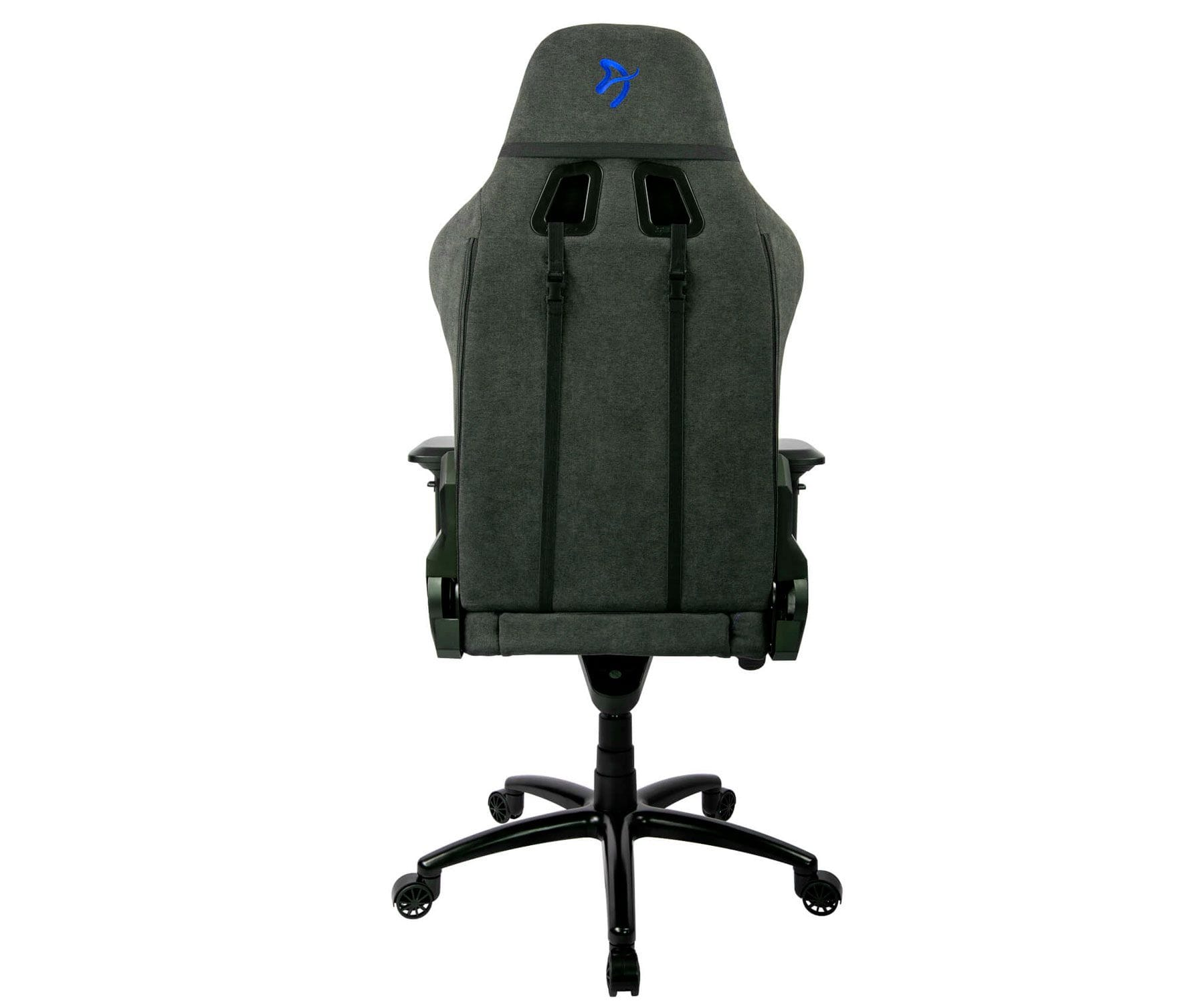 Silla gaming gris vista desde atrás. Base y ruedas negras, logo azul en el reposacabezas.
