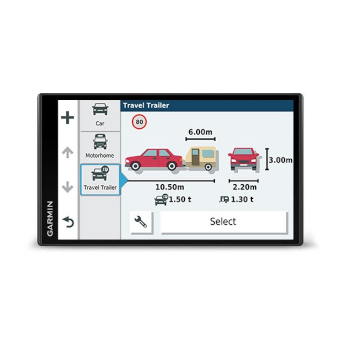 Garmin GPS-Bildschirm mit Auto, Anhänger und Fahrzeugabmessungen. Weißer Hintergrund.