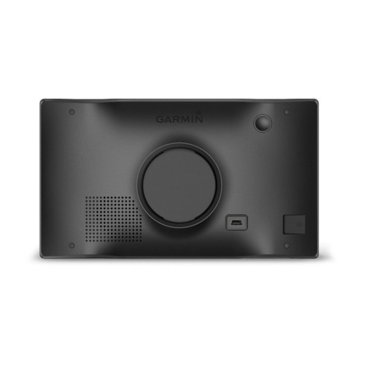 Schwarzes Garmin-Gerät, Rückansicht, mit kreisförmigem Element, Anschlüssen und Tasten sichtbar.