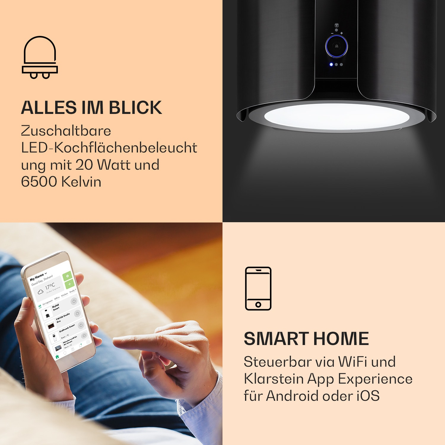 Ein Bild mit Text über LED-Beleuchtung, Smart-Home-Steuerung und einem Telefon.