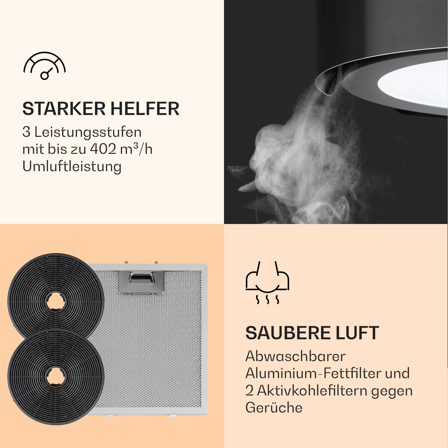 Dunstabzugshaube mit Text, Dampf und Filter. Der Text besagt "Starker Helfer", mit Details.
