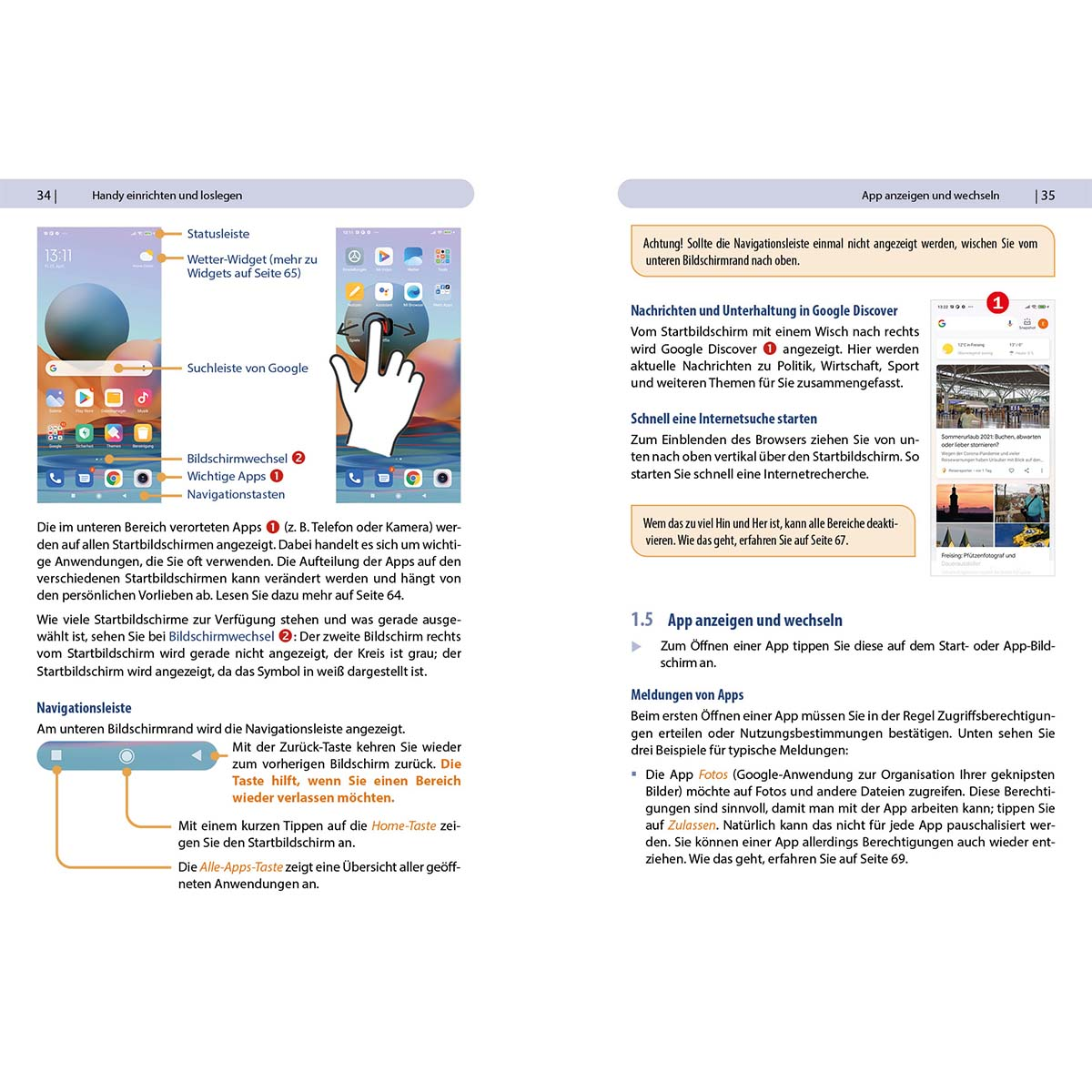 Seiten aus einem Smartphone-Handbuch, die Navigation und App-Einstellungen zeigen, mit Symbolen und Text.