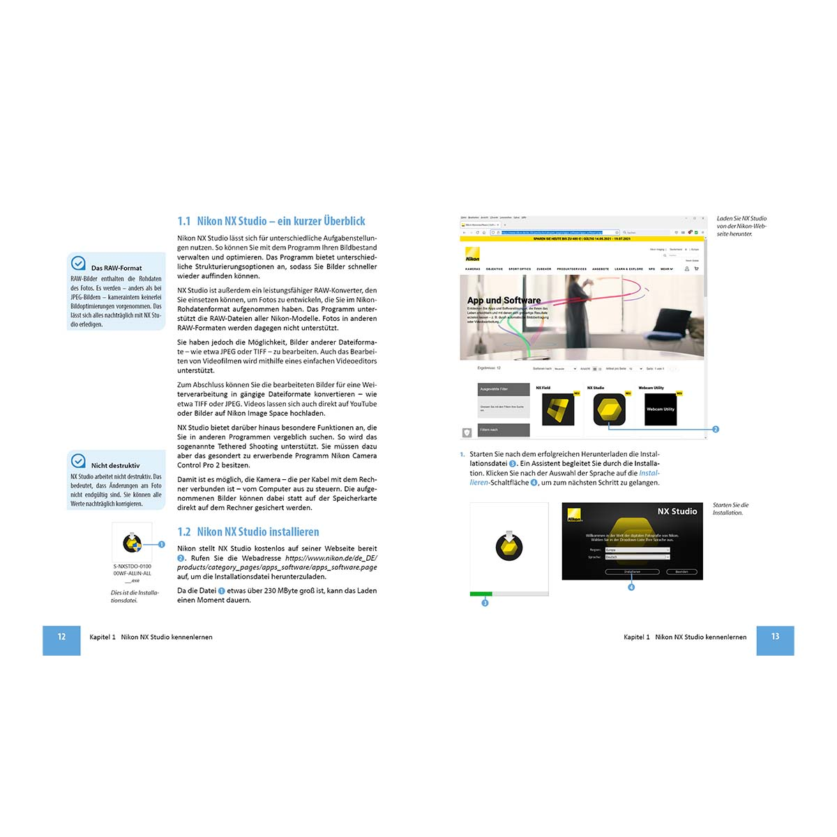 Nikon NX Studio Software-Oberfläche. Text: RAW-Format, installieren und die Hauptoberfläche der Software.