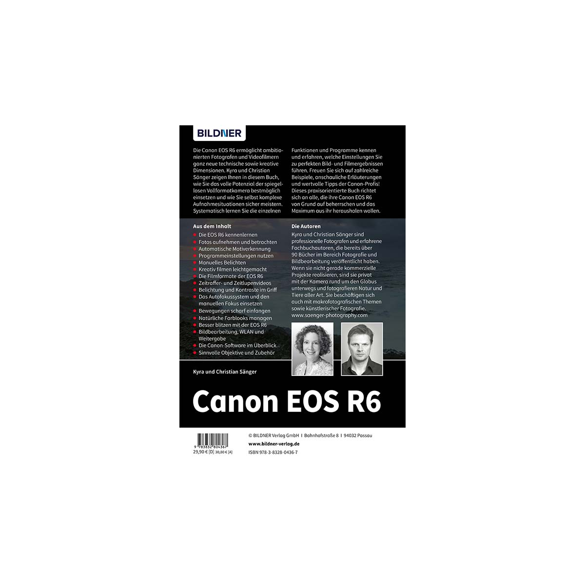 Buchcover, Canon EOS R6, mit weißem Hintergrund, Text und Portraits zeigend.