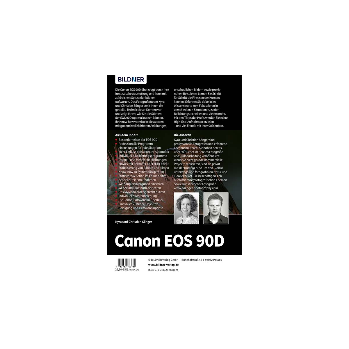 Buchcover, Canon EOS 90D, mit Text und Bildern auf weißem Hintergrund. Titel und Autorenangaben.