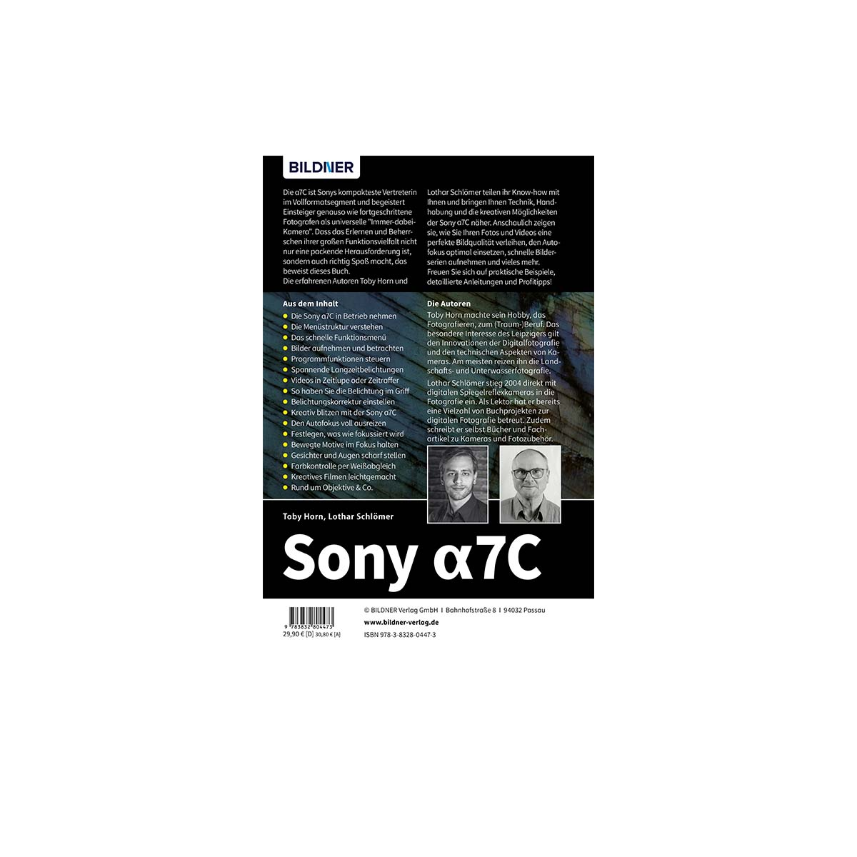 Ein Buchcover mit der Sony α7C Kamera, Text und einem Bild.